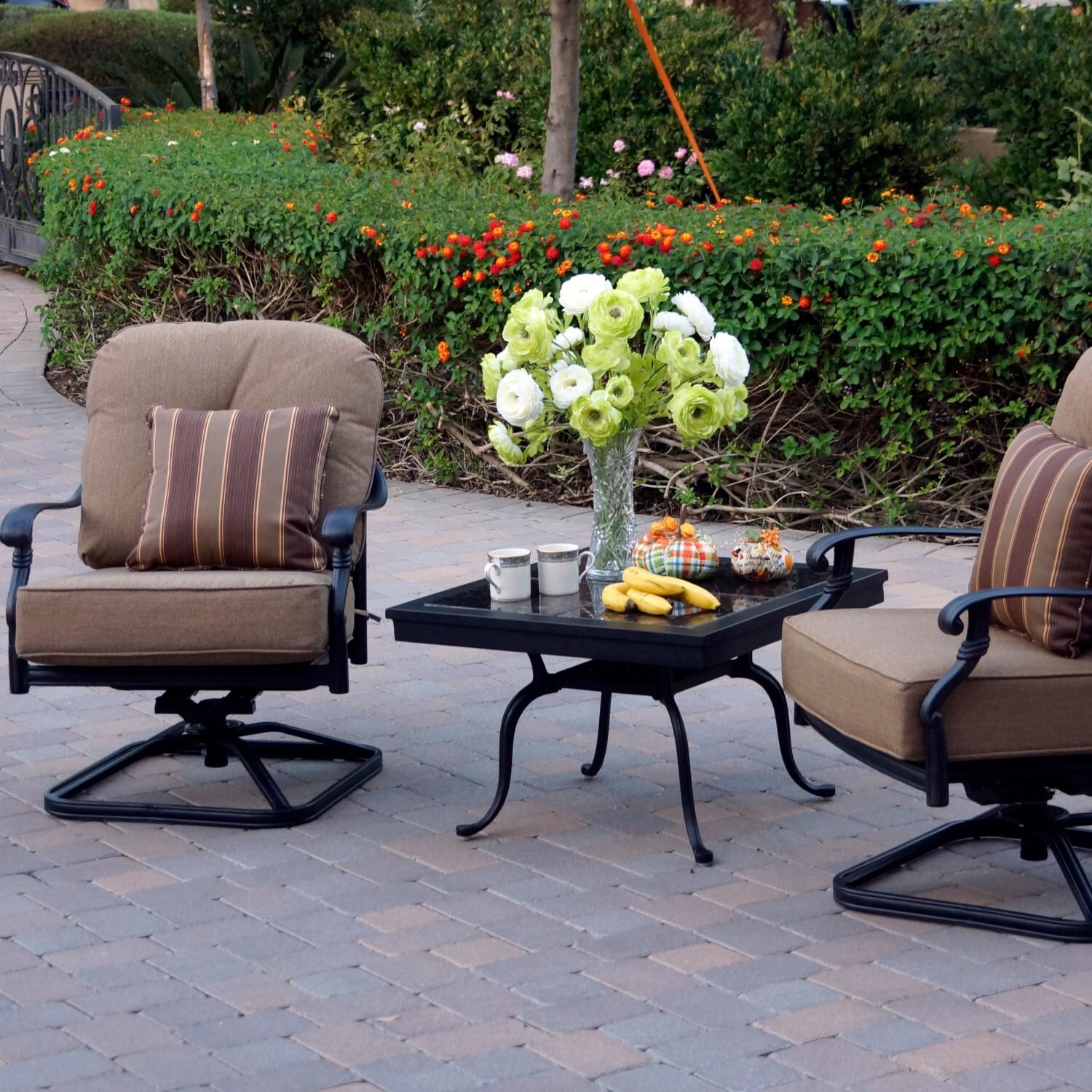 Darlee Santa Monica 3 Piece Cast Aluminum Patio Conversation Set W/ Square Mocha Granite Top End Table & Sesame Cushions image