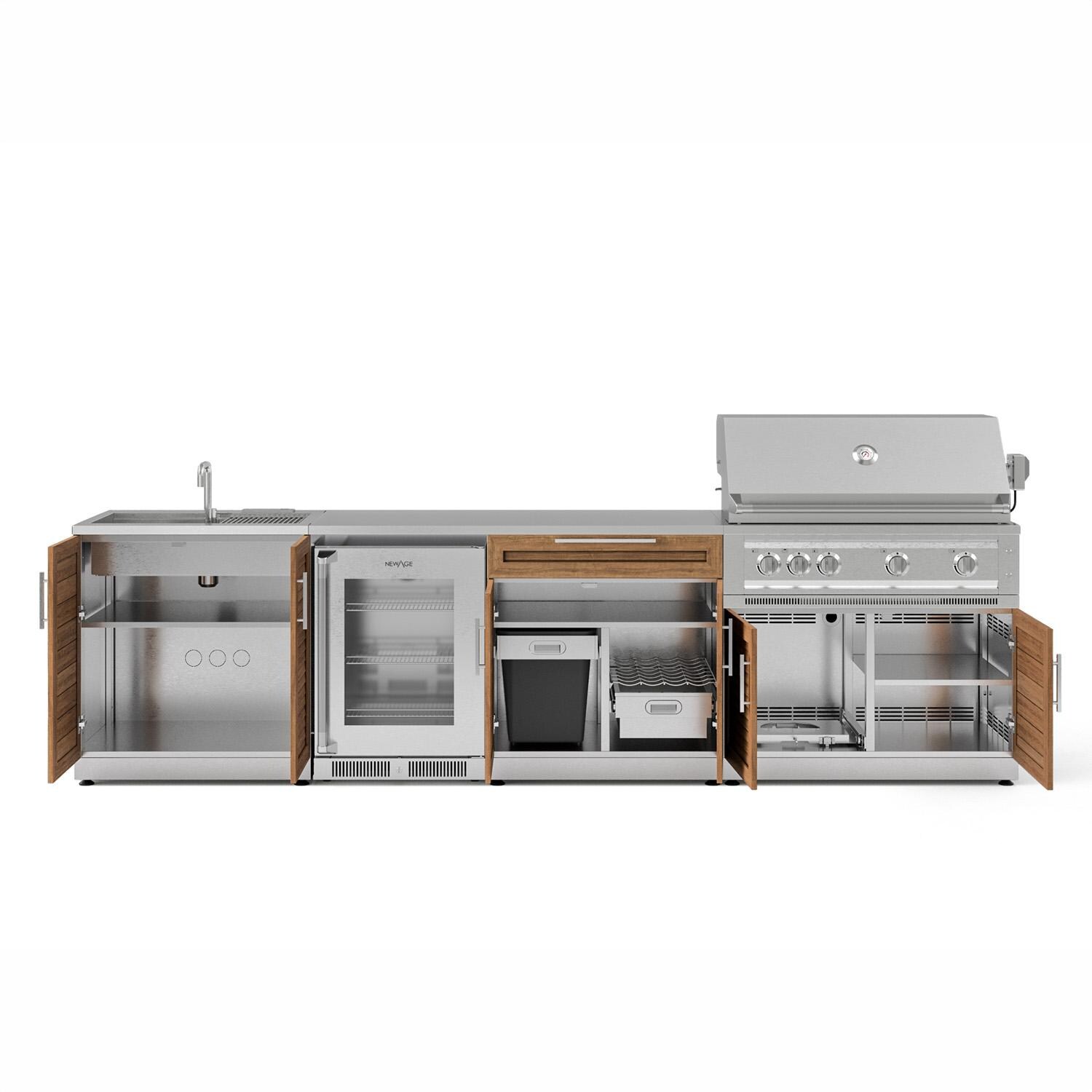 NewAge Products 66393 Classic Series 10 1/2 Ft Outdoor Kitchen Island w/ 40-in Propane Grill, Sink, Glass Door Refrigerator, Trash Bin, Door & Drawer in Grove/Stainless Steel - Open - White Background thumbnail