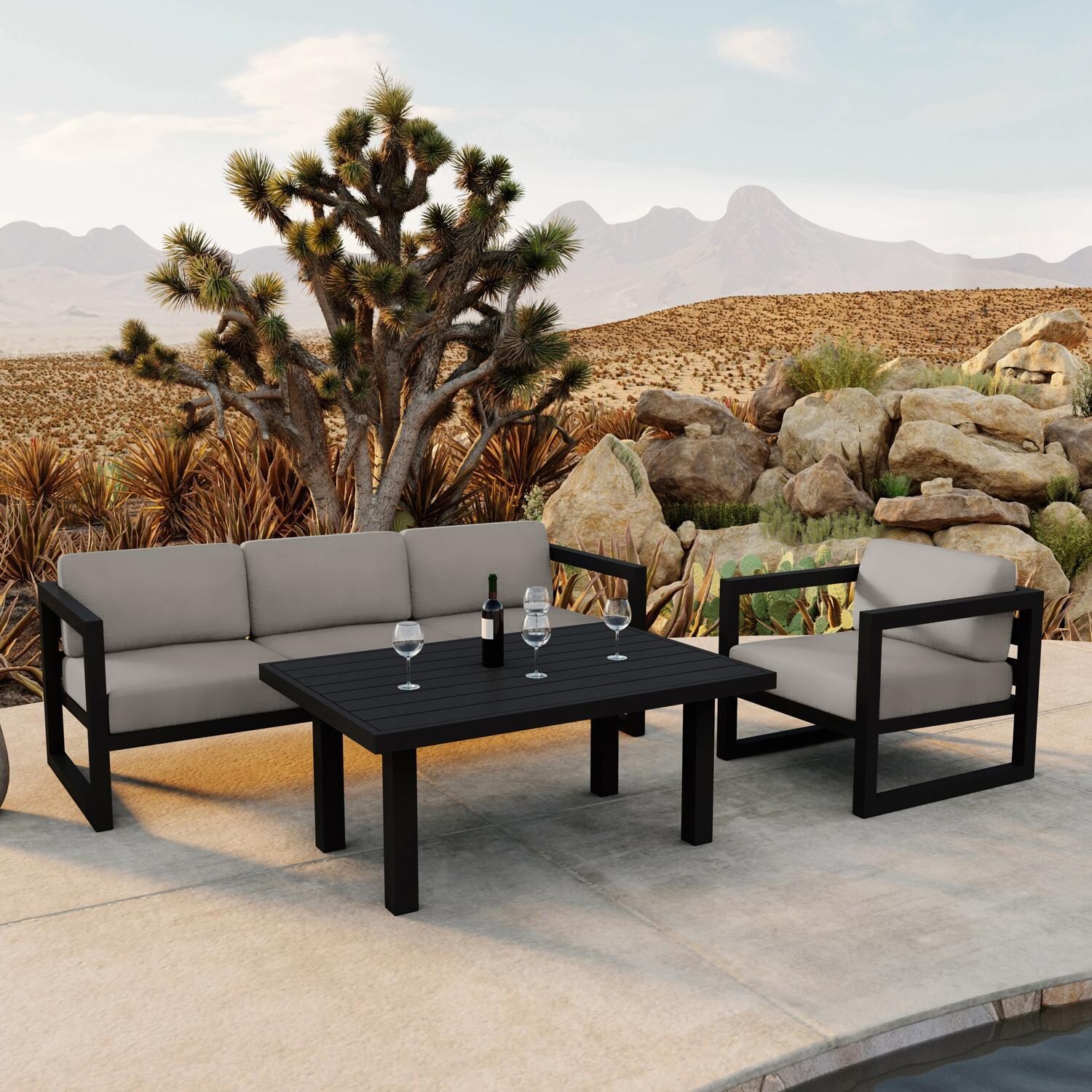 Lakeview MSTYCV-BK-SET138-CC Misty Cove 3 Pc Aluminum Seating Set in Black w/Chat Table & Canvas Charcoal Cushions by Lakeview Outdoor Designs - By the Pool - Lifestyle thumbnail