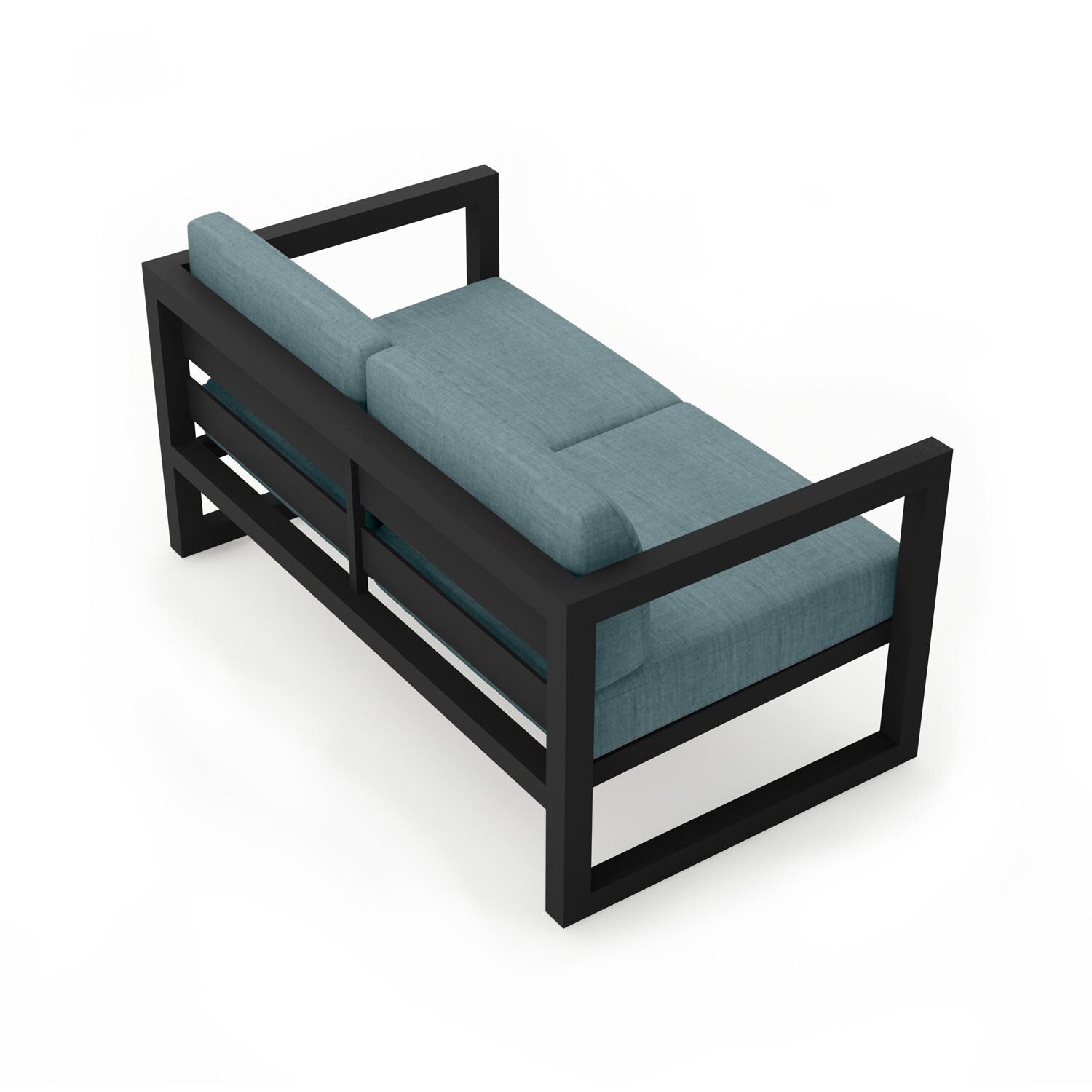 Lakeview  MSTYCV-BK-LS-CL Misty Cove 2 Person Aluminum Loveseat in Black w/Cast Lagoon Cushions by Lakeview Outdoor Designs - Angled Back - White Background thumbnail