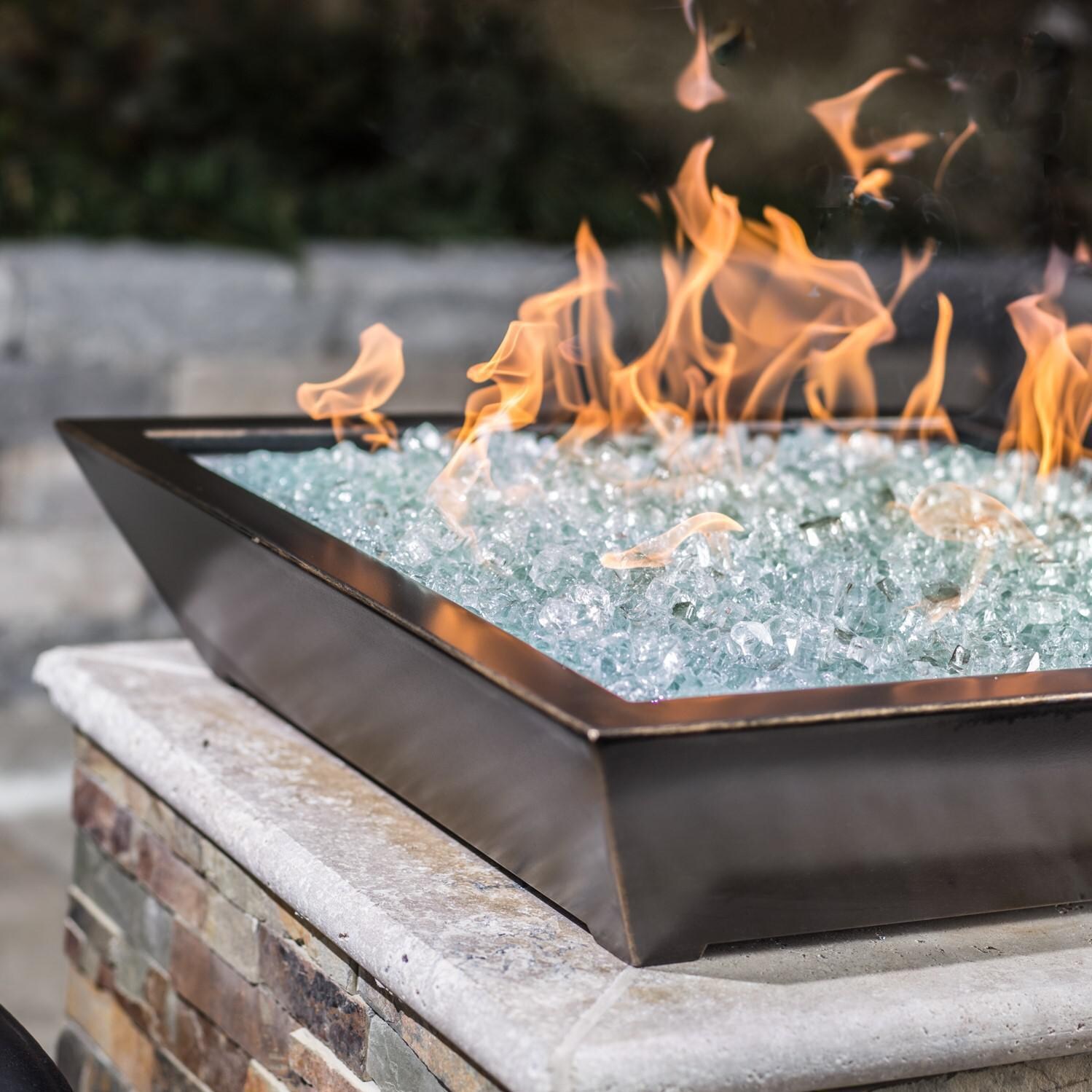 BBQGuys Signature Series Westfalen 18-Inch Square Low-Rise Natural Gas Fire Bowl - Oil Rubbed Bronze - Close Up - Detail - Shown With Ice Non-Reflective Fire Glass thumbnail