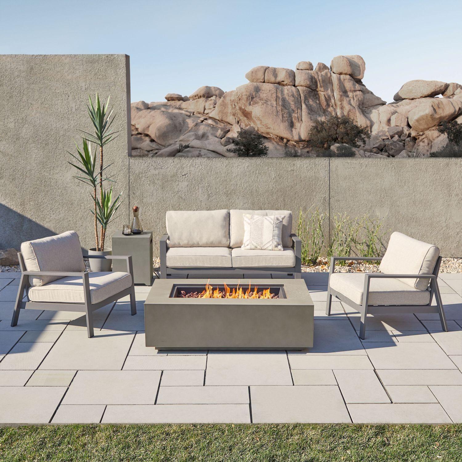 Elysian 5 Pc Aluminum Fire Pit Seating Set in Mist Gray/Weathered Slate W/ Loveseat by Lakeview Outdoor Designs