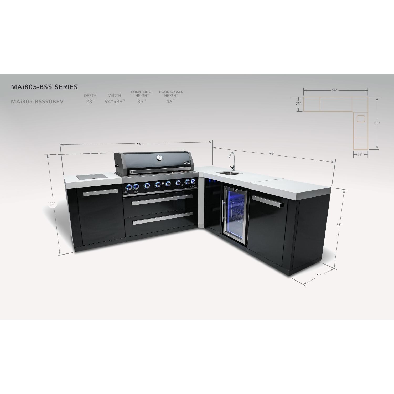 Mont Alpi MAi805-BSS90BEV 805 Propane Island W/ 90 Degree Corner & Beverage Center - Dimensional thumbnail