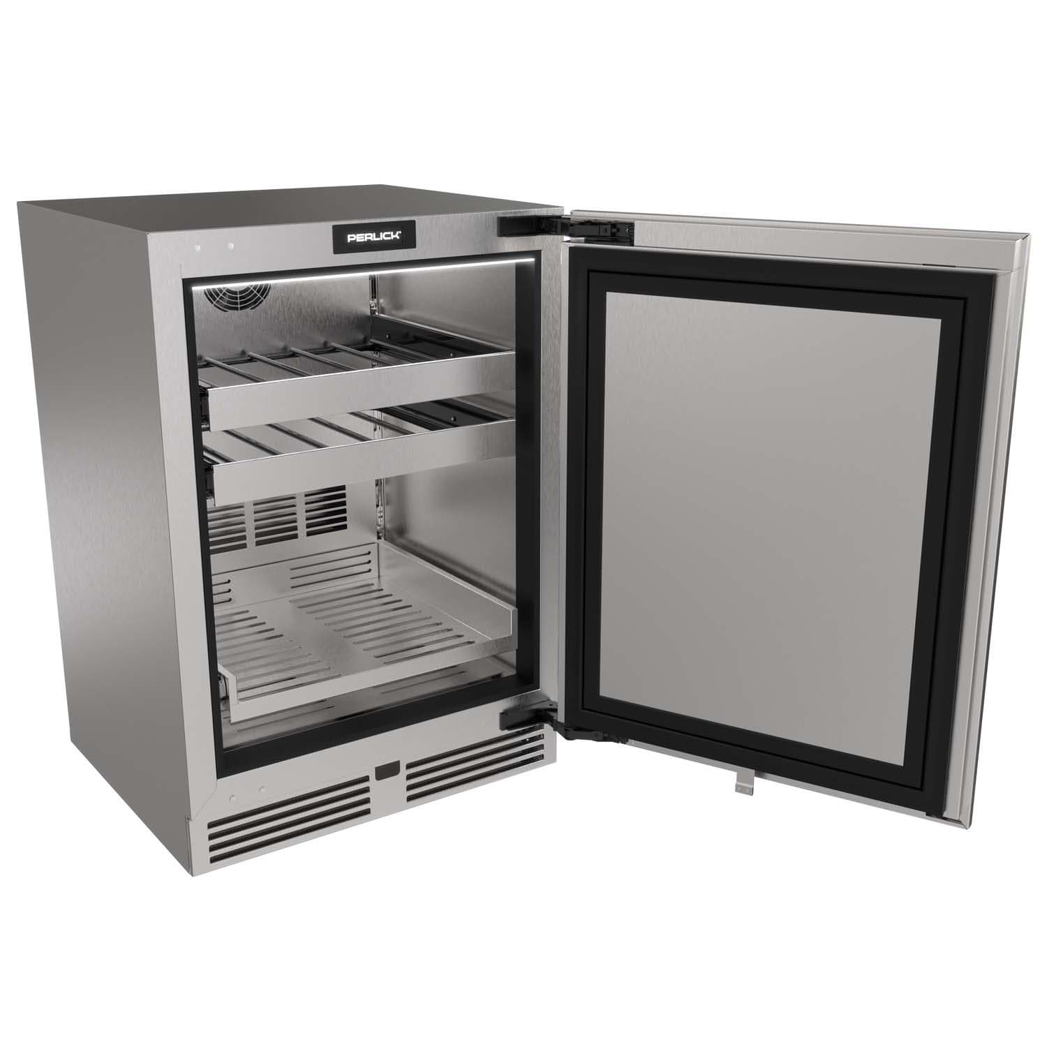 Perlick G5 Luxe 24-in Stainless Steel Indoor/Outdoor Beverage Center w/Door Lock & Two Tone Handle - Left Hinge - Door Open - White Background thumbnail