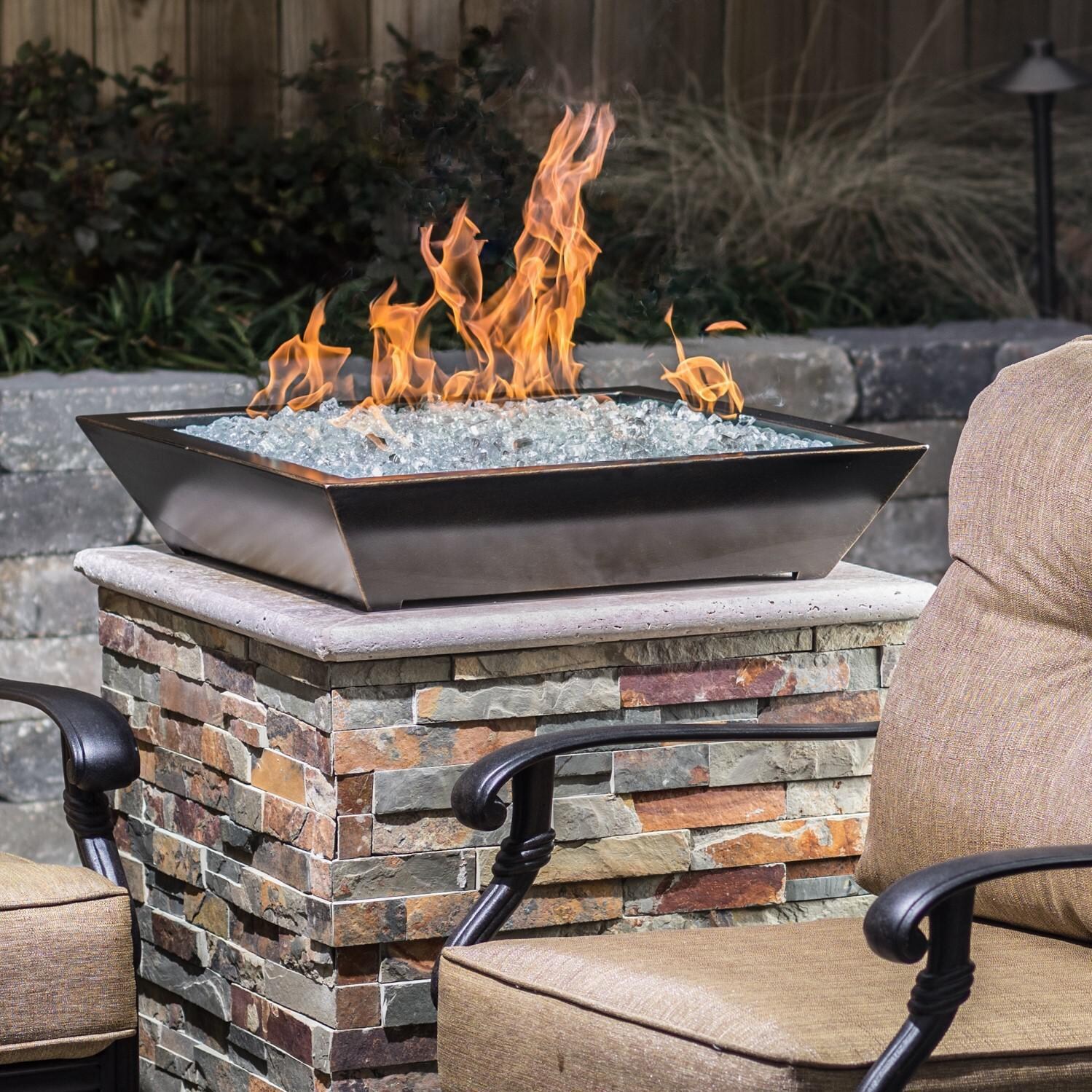 BBQGuys Signature Series Westfalen 18-Inch Square Low-Rise Natural Gas Fire Bowl - Oil Rubbed Bronze - Lifestyle - Shown With Ice Non-Reflective Fire Glass thumbnail