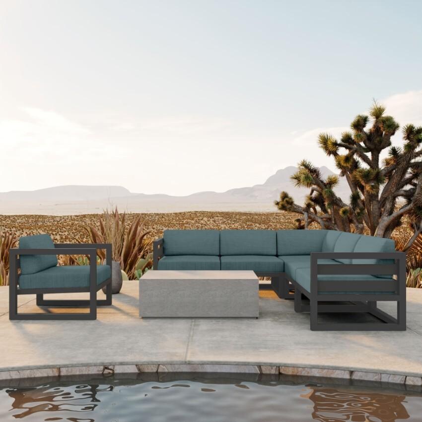 Misty Cove 7 Piece Sectional Set in Slate w/Coffee Table & Cast Lagoon Cushions by Lakeview - Hero - Lifestyle thumbnail