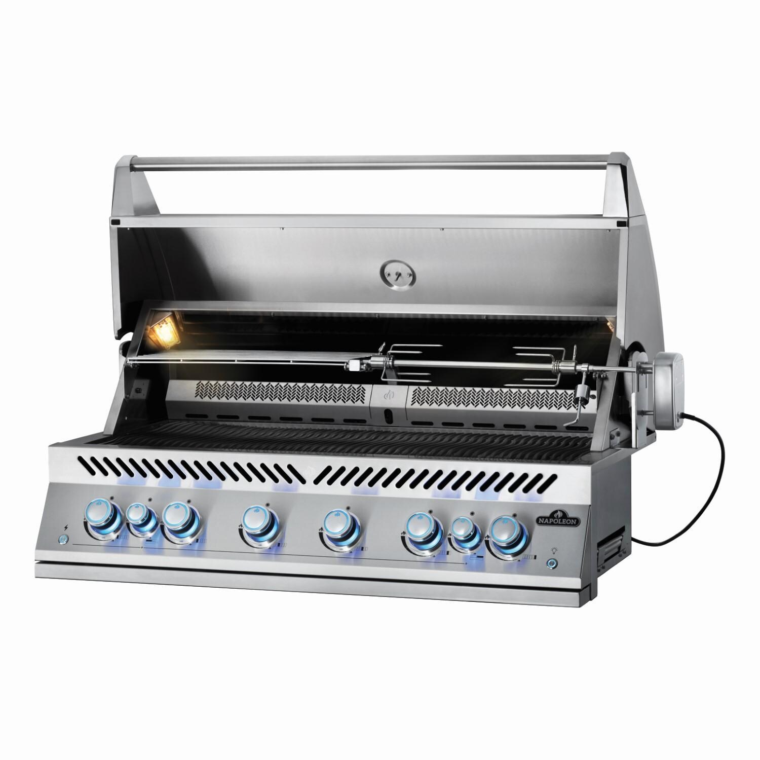 Napoleon BIG44RBNSS-1 Natural Gas Grill - Angled Open With Rotisserie and Warming Rack - White Background thumbnail