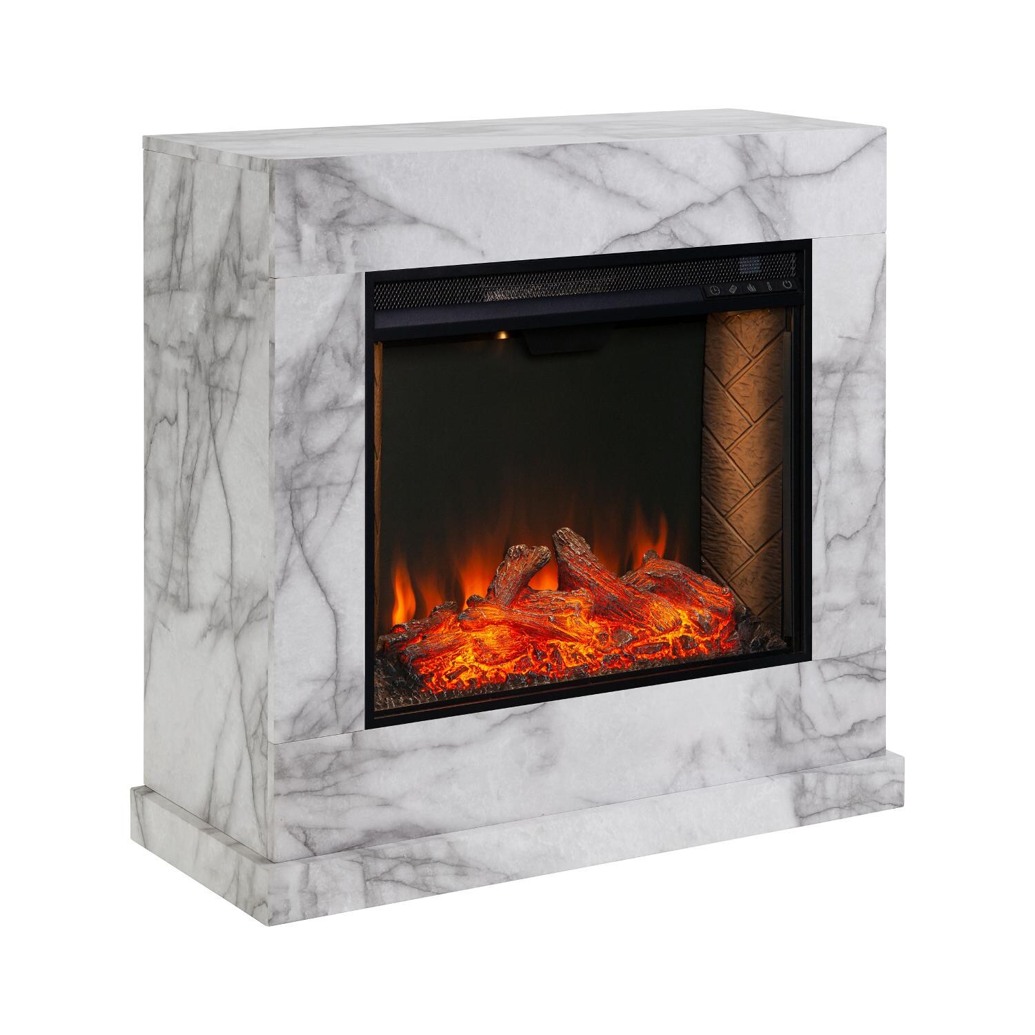 Southern Enterprises FS1062859 Dendale 33-Inch Electric Fireplace W/ Alexa-Enabled Smart Firebox - White Faux Marble - Angle View thumbnail