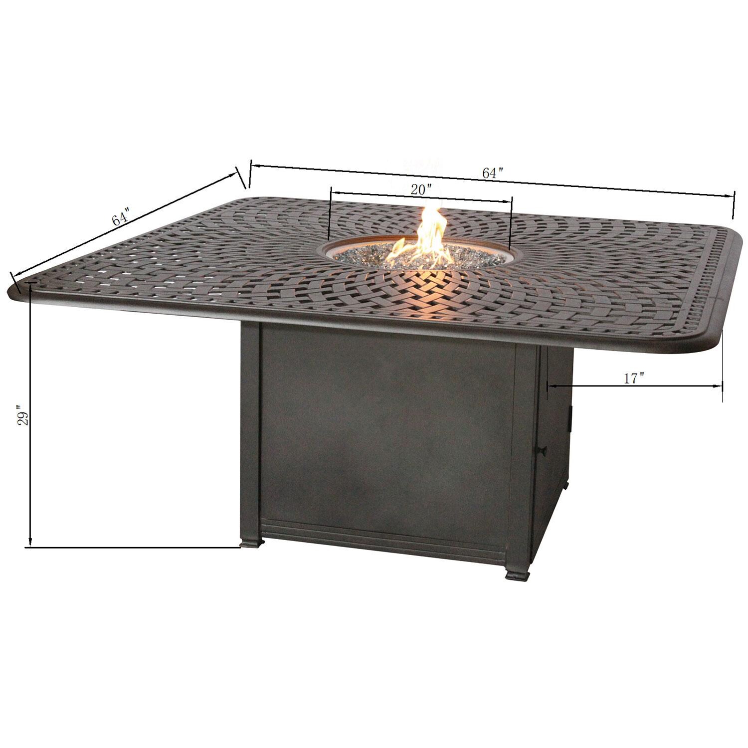 Signature 64 Inch Square Cast Aluminum Propane Fire Pit Dining Table in Antique Bronze by Darlee - Dimensional thumbnail
