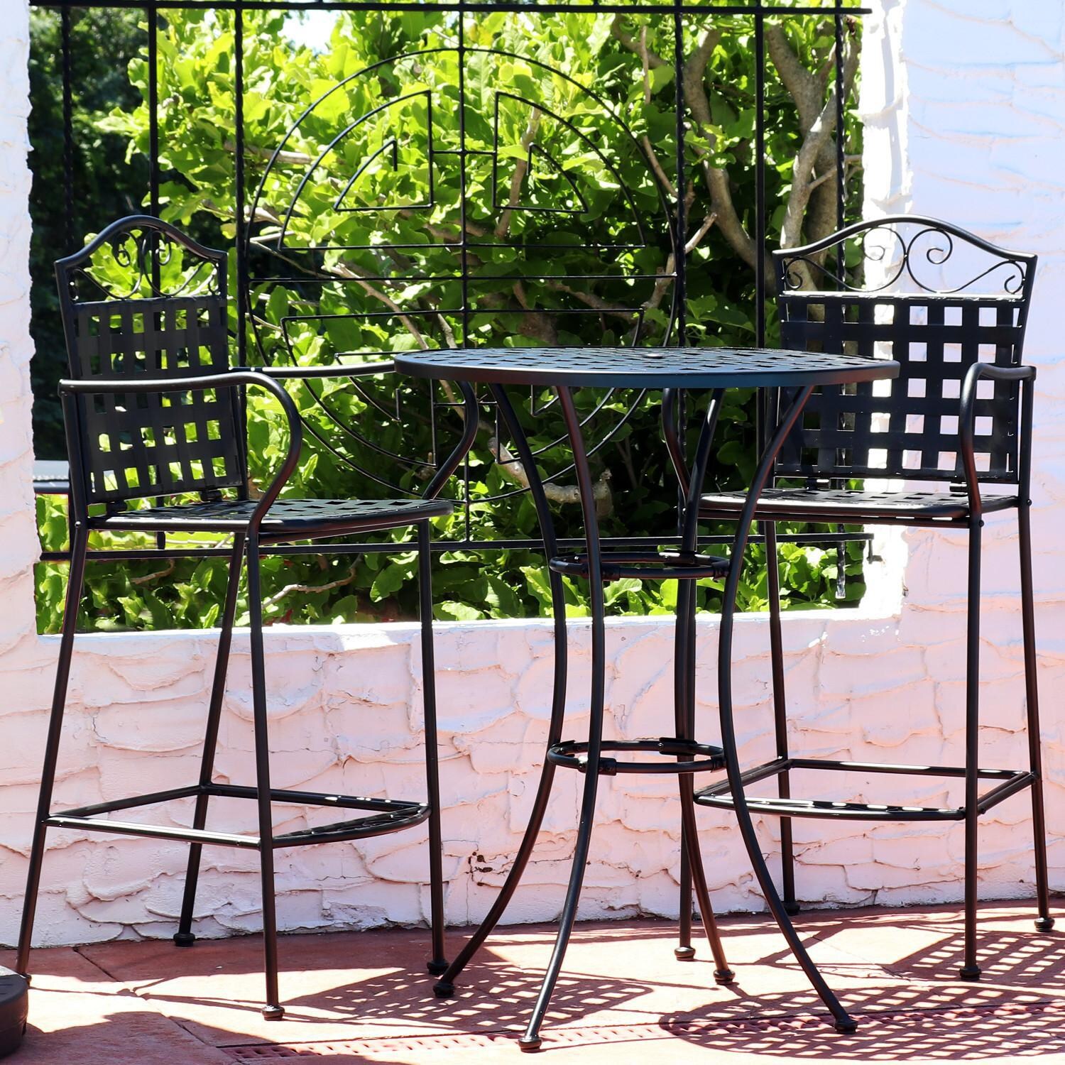 Ultimate Patio 3-Piece Wrought Iron Patio Bar Set With Scrolling Design - Black - Lifestyle View thumbnail
