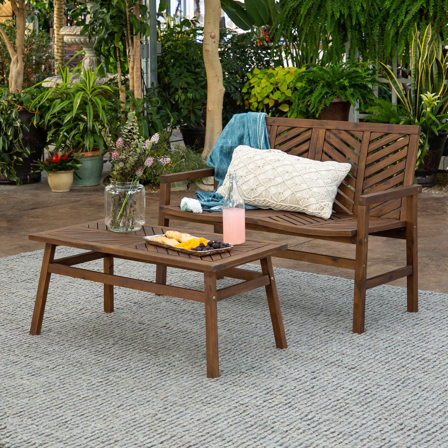 Walker Edison Vincent 2 Piece Acacia Patio Conversation Set W/ 42 X 20 Inch Rectangular Table - Dark Brown image