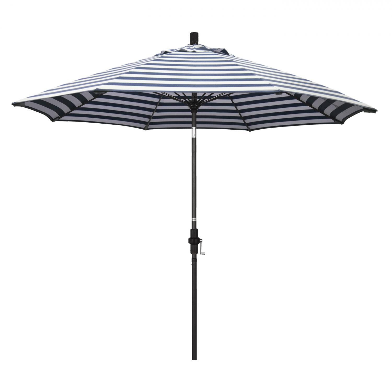 California Umbrella Sun Master Series 9 Ft Octagonal Aluminum Collar Tilt Patio Umbrella W/ Crank Lift & Fiberglass Ribs - Matted Black Frame / Olefin Navy White Cabana Stripe Canopy
