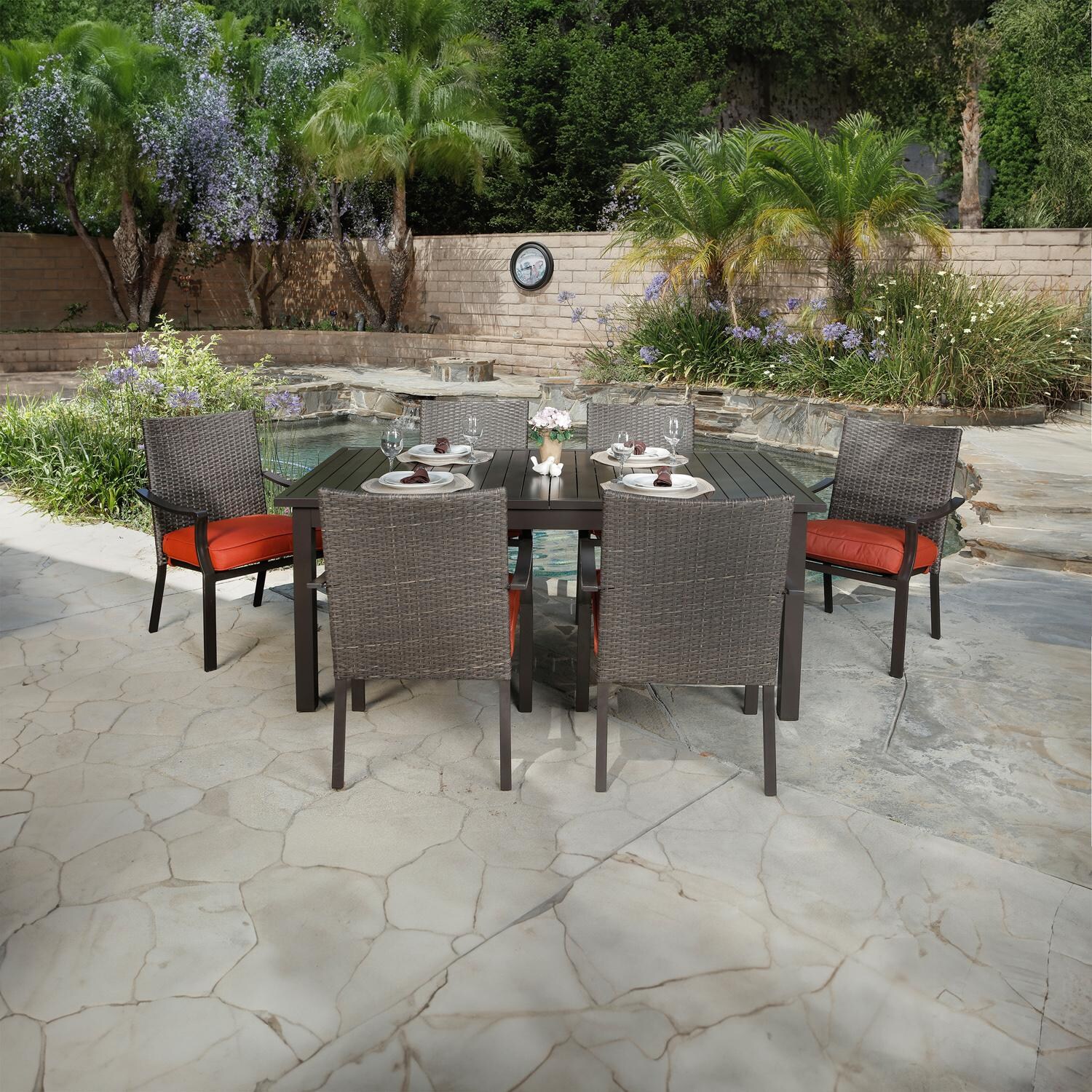 Brusly 7 Pc Aluminum Dining Set w/ Rectangular Extension Table in Brown/Red by Lakeview Outdoor Designs
