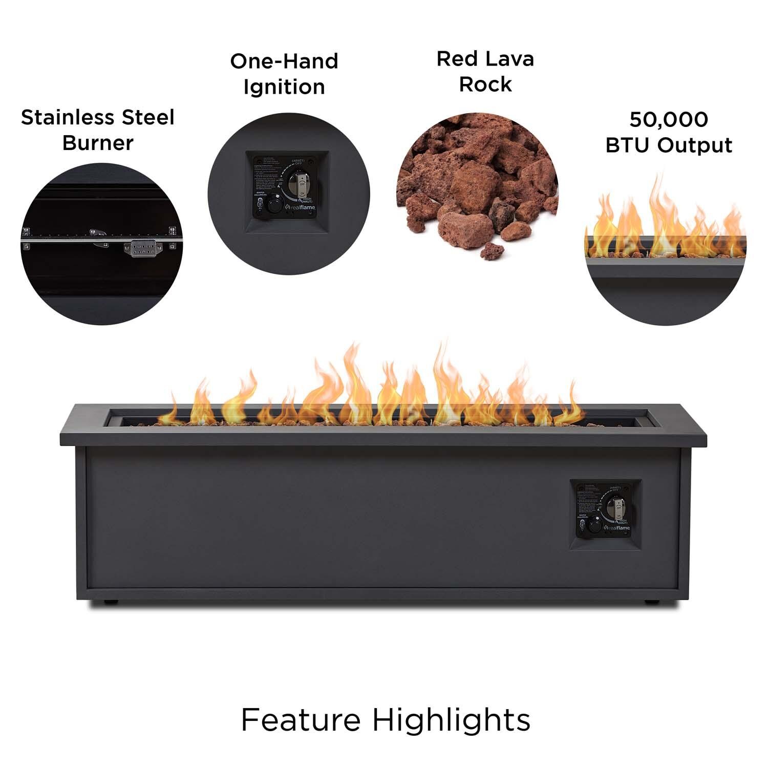 Piney Bay 48 Inch Rectangular Powder Coated Steel Propane Fire Pit Table in Weathered Slate by Lakeview Outdoor Designs - Features thumbnail