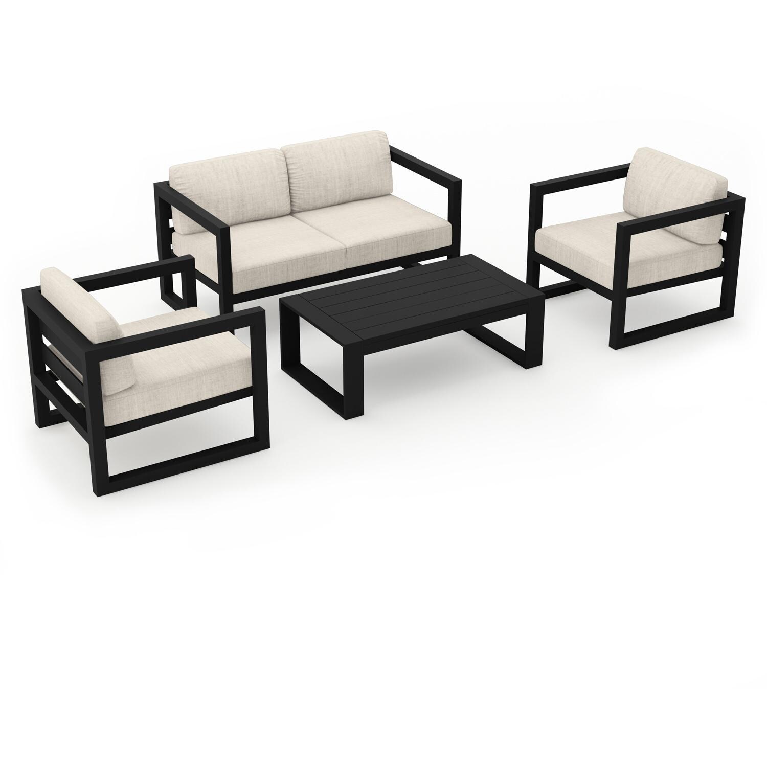 Lakeview MSTYMAS-BK-4SS-CS Misty Cove 4 Pc Aluminum Seating Set in Black w/Loveseat & Cast Silver Cushions by Lakeview Outdoor Designs - Set Angled - White Background thumbnail