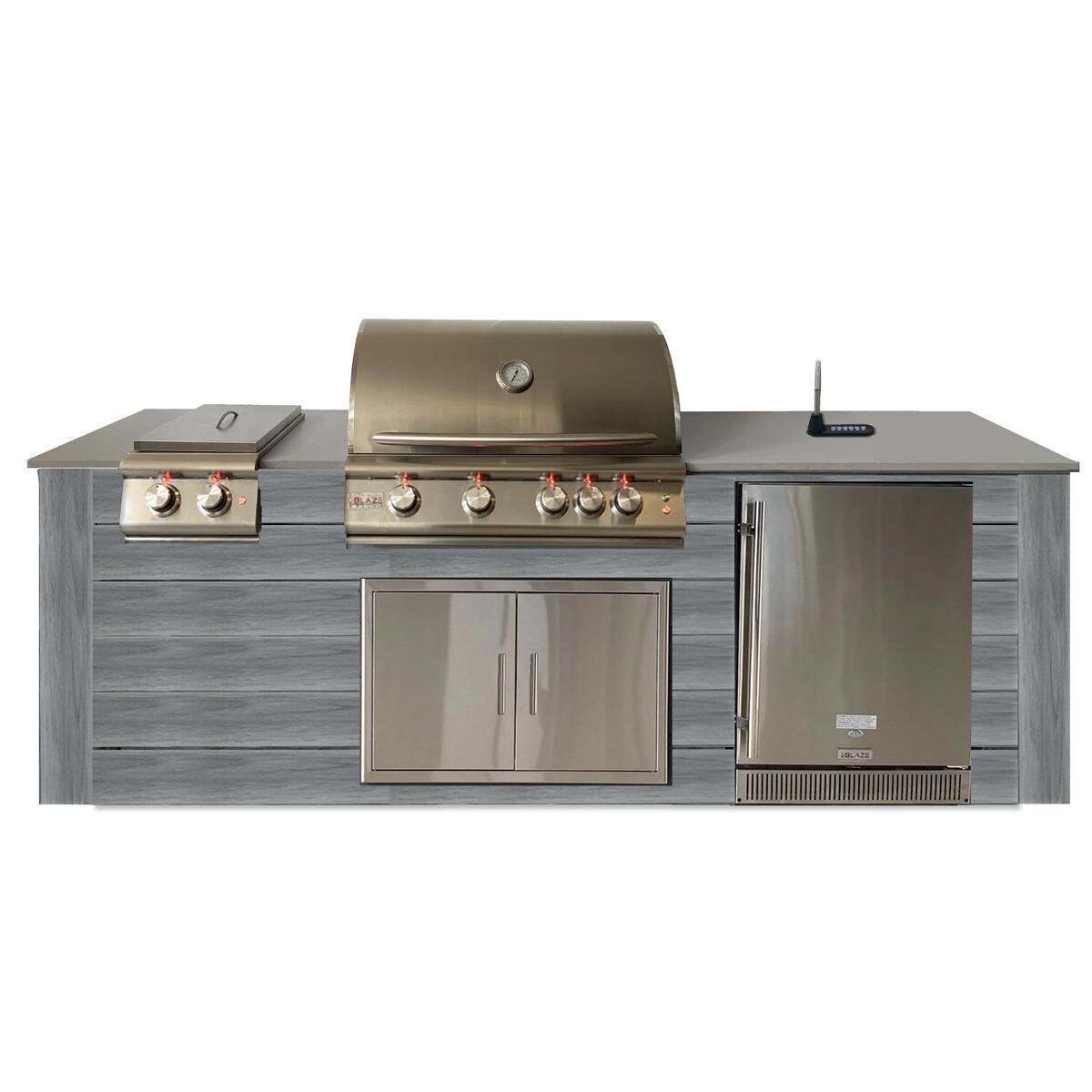 Pro-Fit 8-Foot Outdoor Kitchen Island W/ BLZ-4LTE2-NG Blaze Premium LTE 32-Inch Natural Gas Grill, Double Side Burner, Refrigerator & Beverage Dispenser - Driftwood Grey / Grigio Cemento Satin - White Background thumbnail