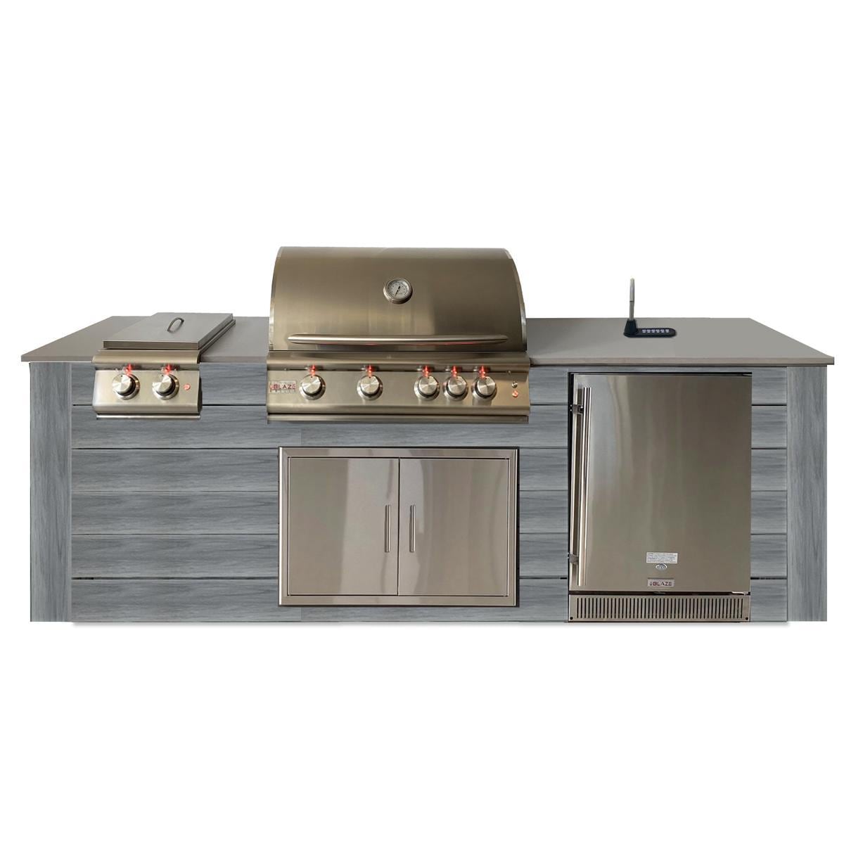 Pro-Fit 8-Foot Outdoor Kitchen Island W/ BLZ-4LTE2-NG Blaze Premium LTE 32-Inch Natural Gas Grill, Double Side Burner, Refrigerator & Beverage Dispenser - Driftwood Grey / Grigio Cemento Satin - White Background thumbnail