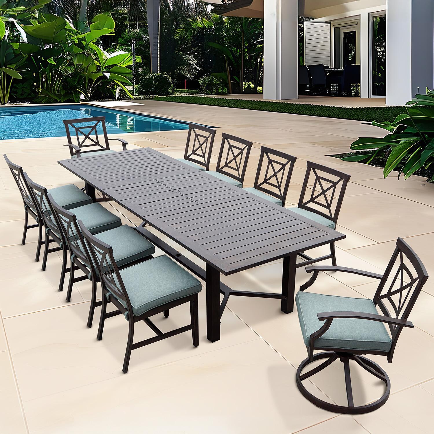 Atlantis 11 Pc Aluminum Dining Set w/ 118 Inch Table, Swivel Rockers, and Spa Cushions in Walnut By Darlee - On Patio - Lifestyle thumbnail