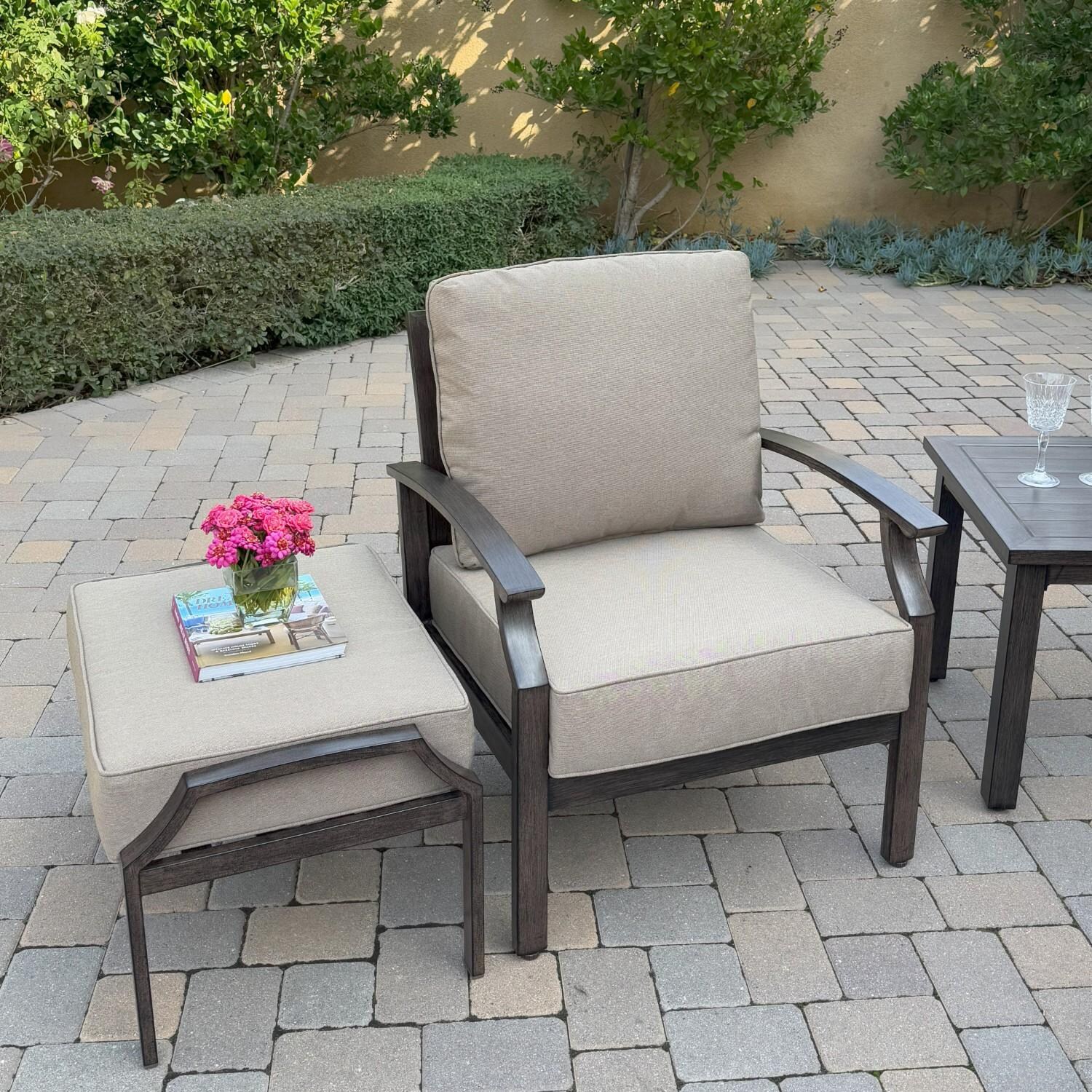 Atlantis 5 Pc Aluminum Seating Set w/ 2 Club Chairs & 2 Ottomans in Walnut/Beige by Darlee - Chair w/ Ottoman - Lifestyle thumbnail