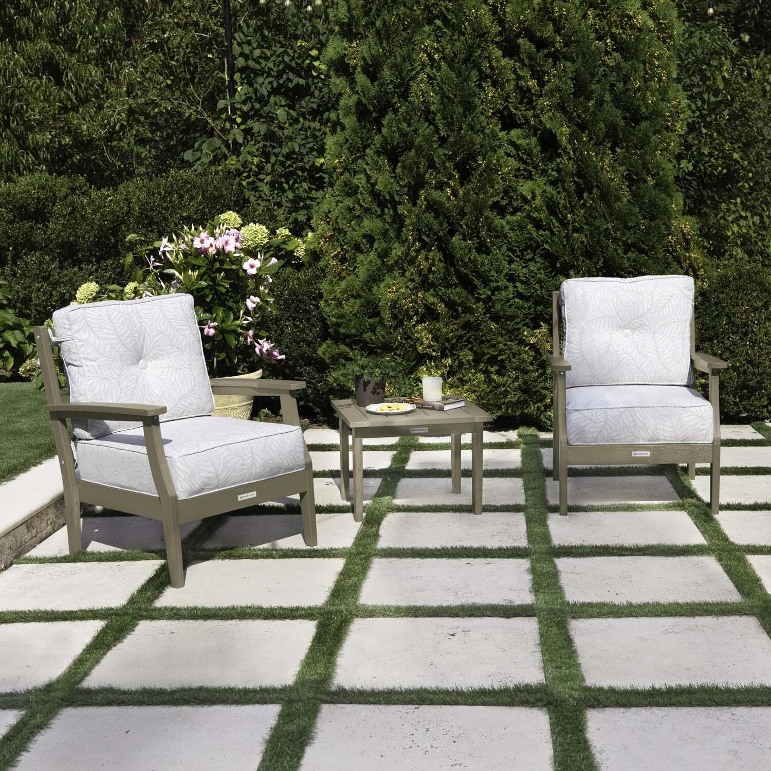 Blushing Bay 3 Pc Recycled Plastic Seating Set in Lively Parchment/Woodland Brown by Lakeview Outdoor Designs - Angled Left - Lifestyle thumbnail