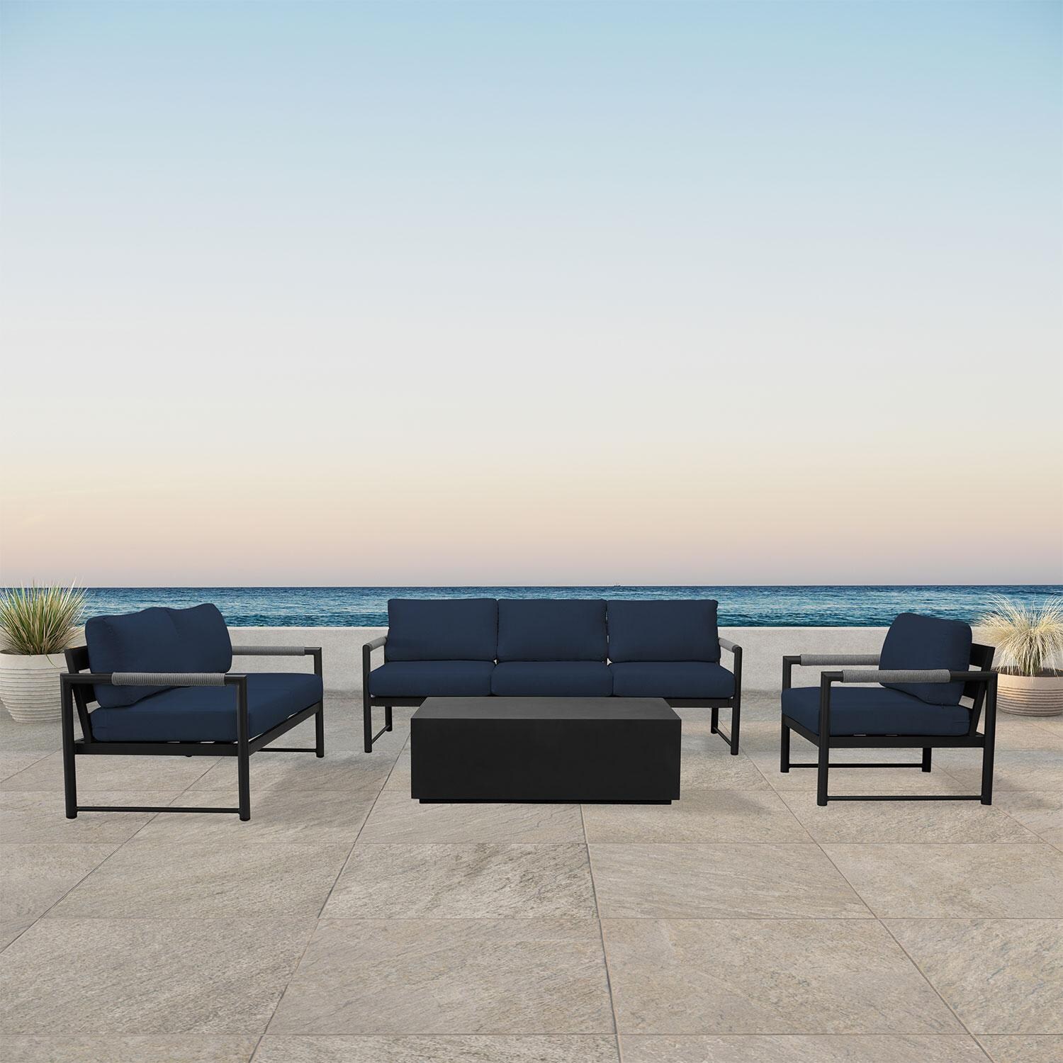 Lakeview AVEBAY-BK-CO-SET137-IN Avenue Bay Black/Carbon 4 Pc Sofa Loveseat Set - Spectrum Indigo - On Patio - Lifestyle thumbnail
