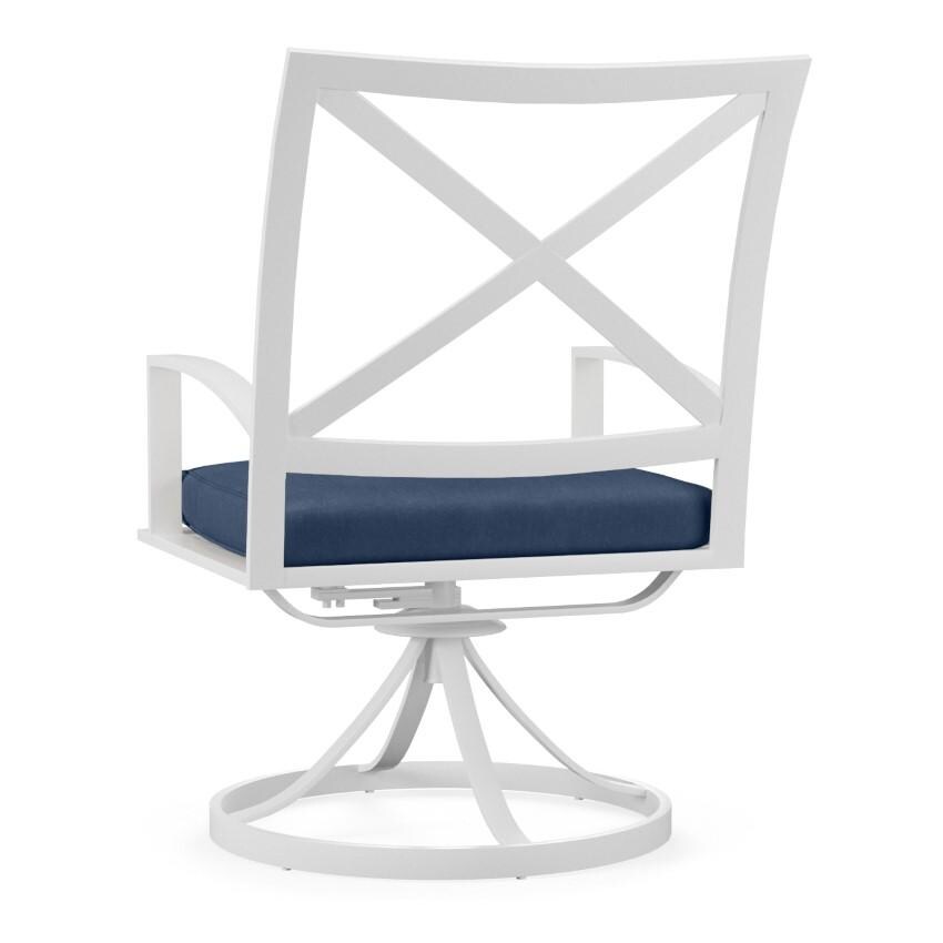 Bristol Aluminum Swivel Dining Arm Chair w/ Self Welt in White/Spectrum Indigo by Sunset West - Back - White Background thumbnail