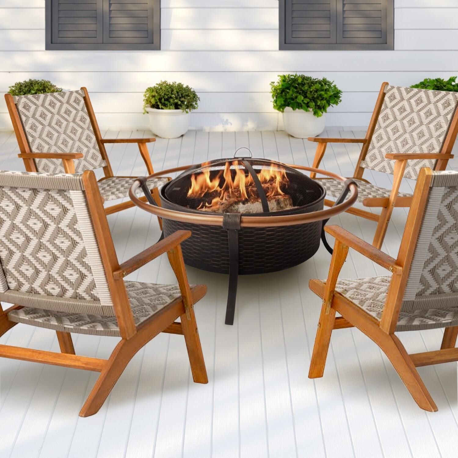 Crewview 5 Pc Wicker Fire Pit Seating Set in Natural by Ultimate Patio