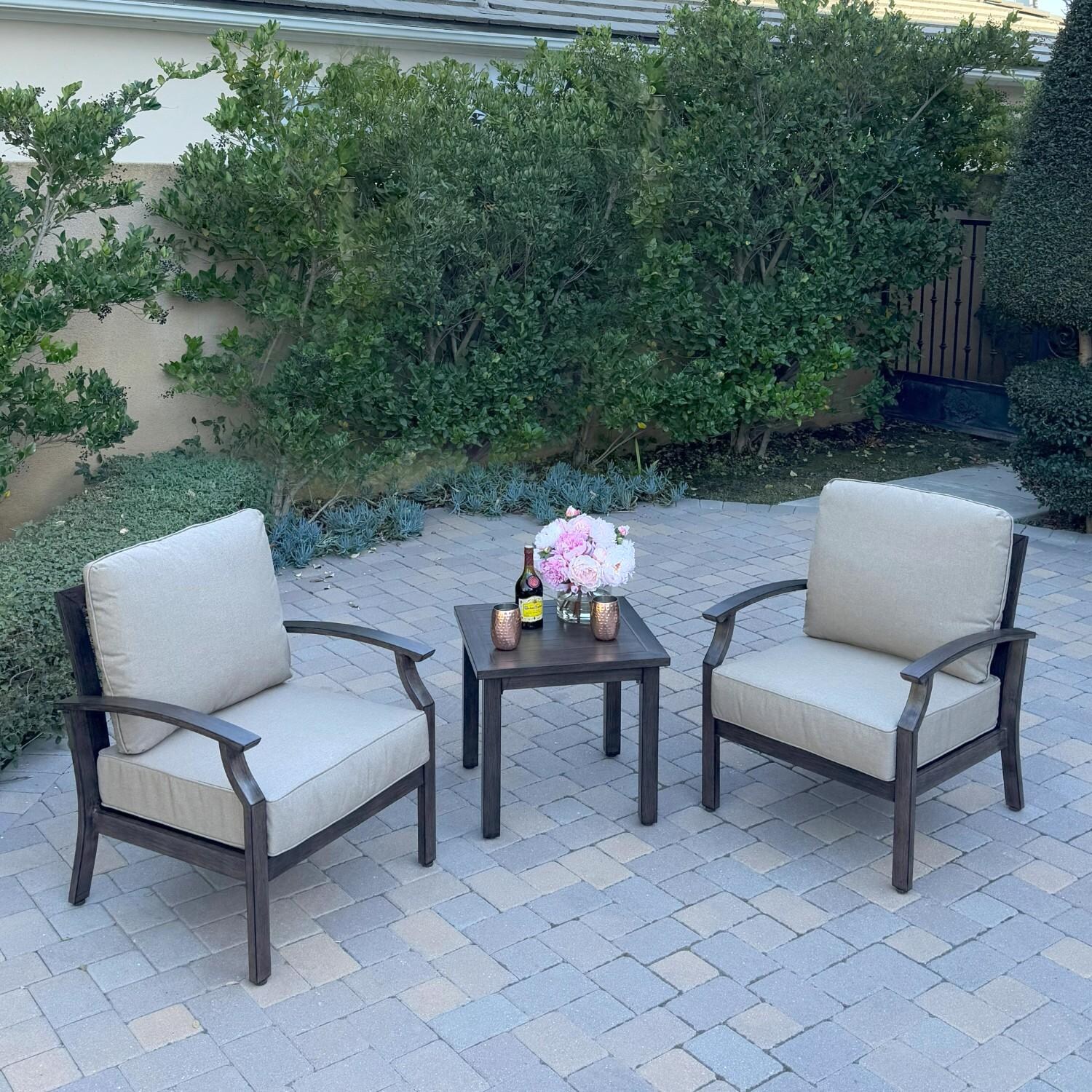 Atlantis 3 Pc Aluminum Seating Set w/ 2 Club Chairs in Walnut/Beige by Darlee