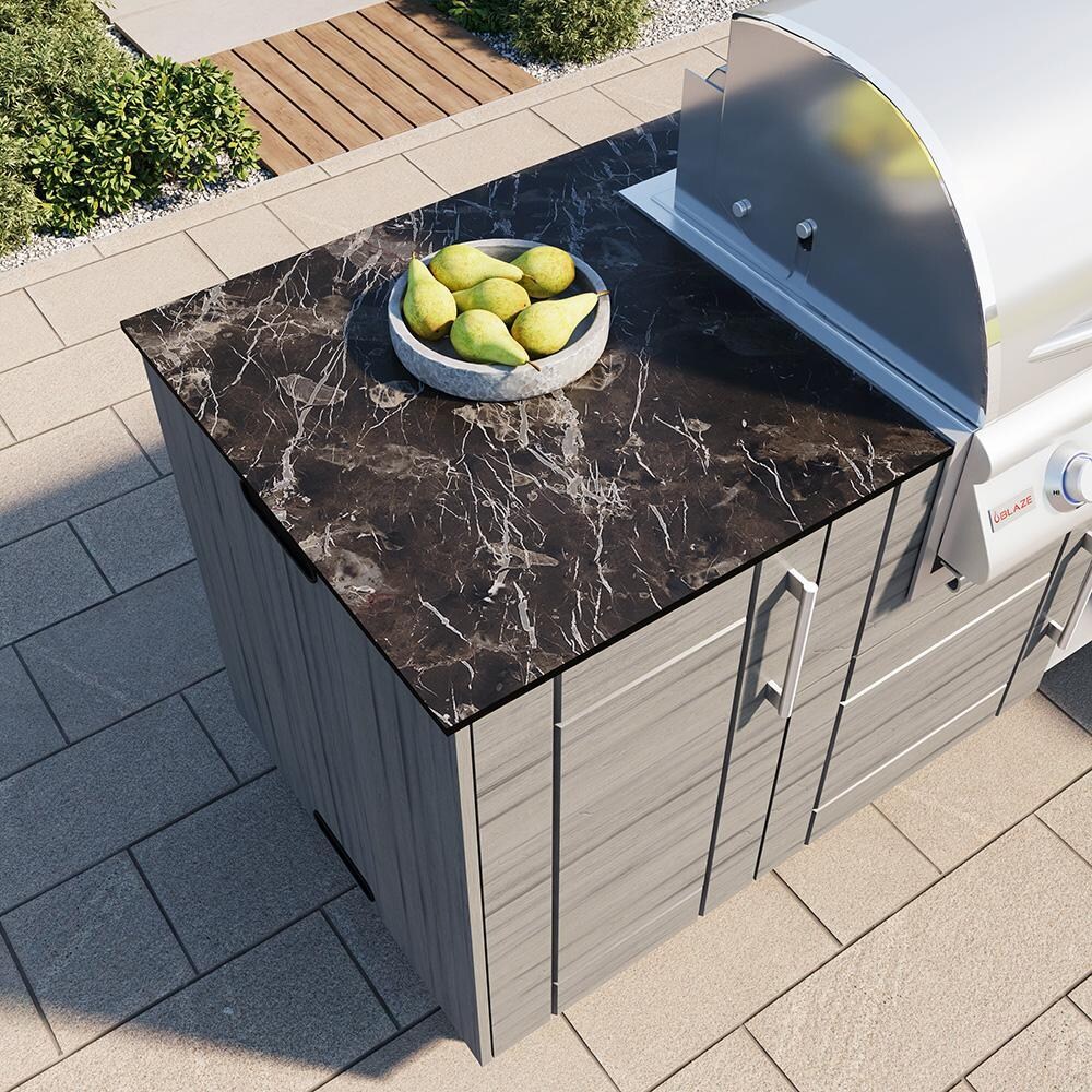 WeatherStrong Nassau 10 1/2 Ft Outdoor Kitchen Island w/ Lynx Natural Gas Grill, Side Burner & Refrigerator in Shell White/Midnight Ice - Countertop Finish - Lifestyle thumbnail