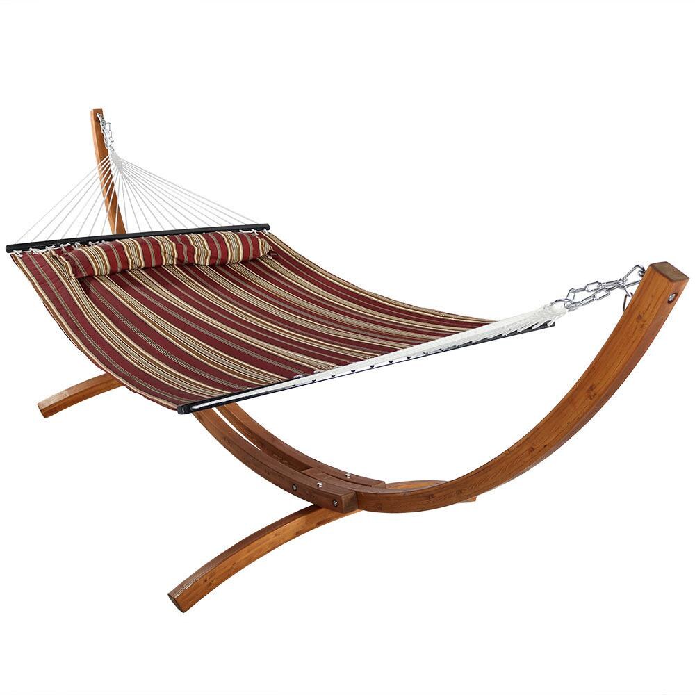 Sunnydaze Decor Quilted Double Hammock & Pillow w/ 12-Foot Wood Stand - Red Stripe - QFHRD-12WHS-COMBO