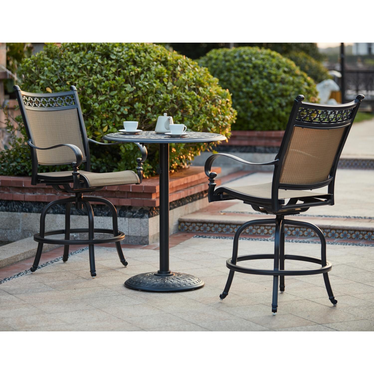 Darlee 201610-3PC-60CJ Mountain View 3 Piece Cast Aluminum Sling Patio Counter Height Swivel Bar Stool Set W/ 30 Inch Round Table - Lifestyle thumbnail