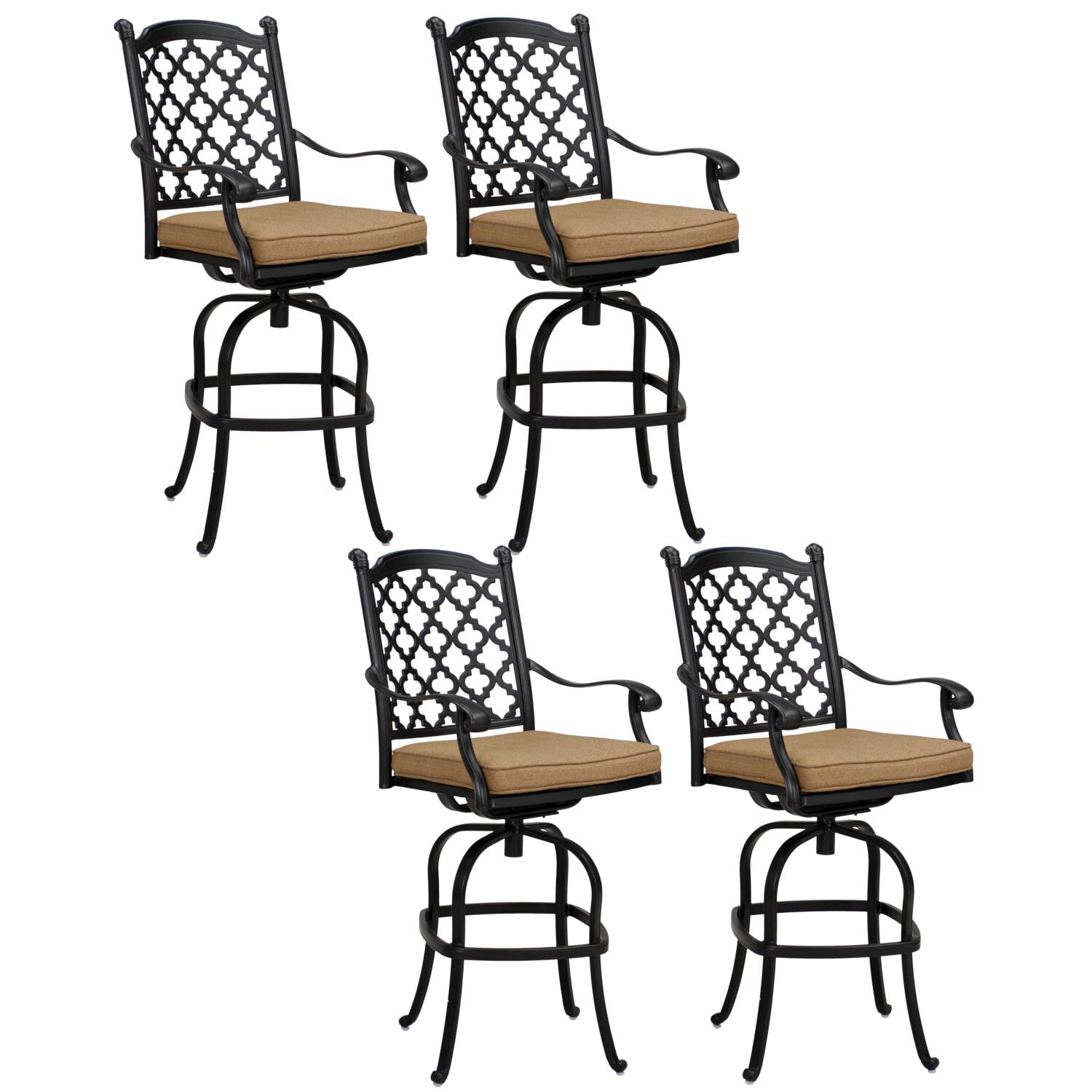 Madison 4 Piece Cast Aluminum Patio Swivel Bar Stool Set W/ Sesame Polyester Cushions By Darlee