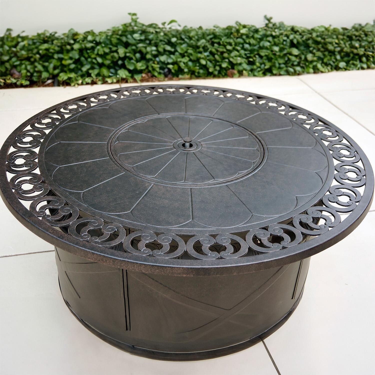 Darlee Nassau 5-Piece Patio Propane Fire Pit Rocker Club Conversation Set with Cushions and 47 Inch Round Fire Pit Chat Table and Fireglass - Fire Table - Lifestyle thumbnail