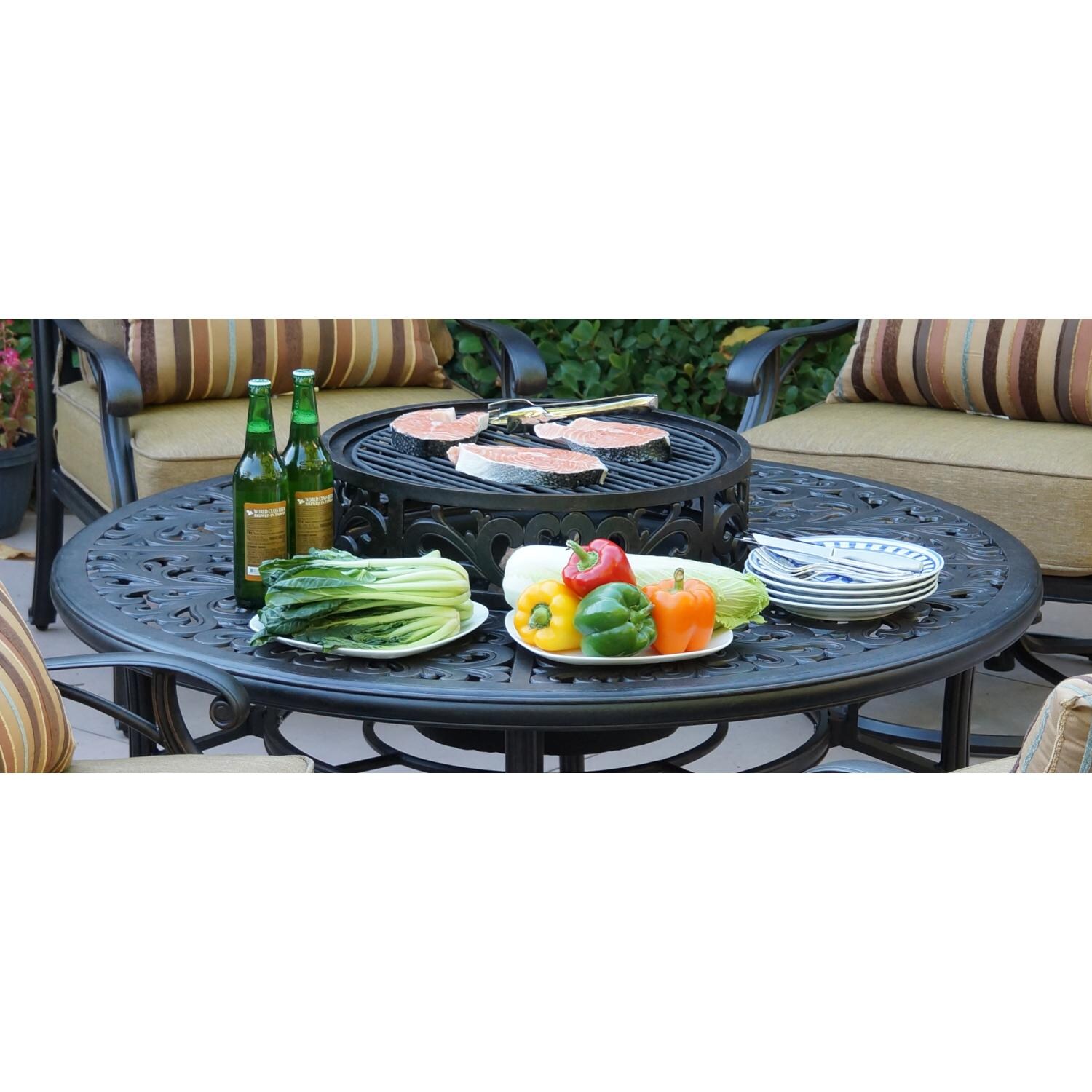 Darlee DL2058-5PC-80QB Santa Monica 5 Piece Cast Aluminum Patio Fire Pit Conversation Set W/ Ice Bucket & Sesame Cushions - Grill In Use thumbnail