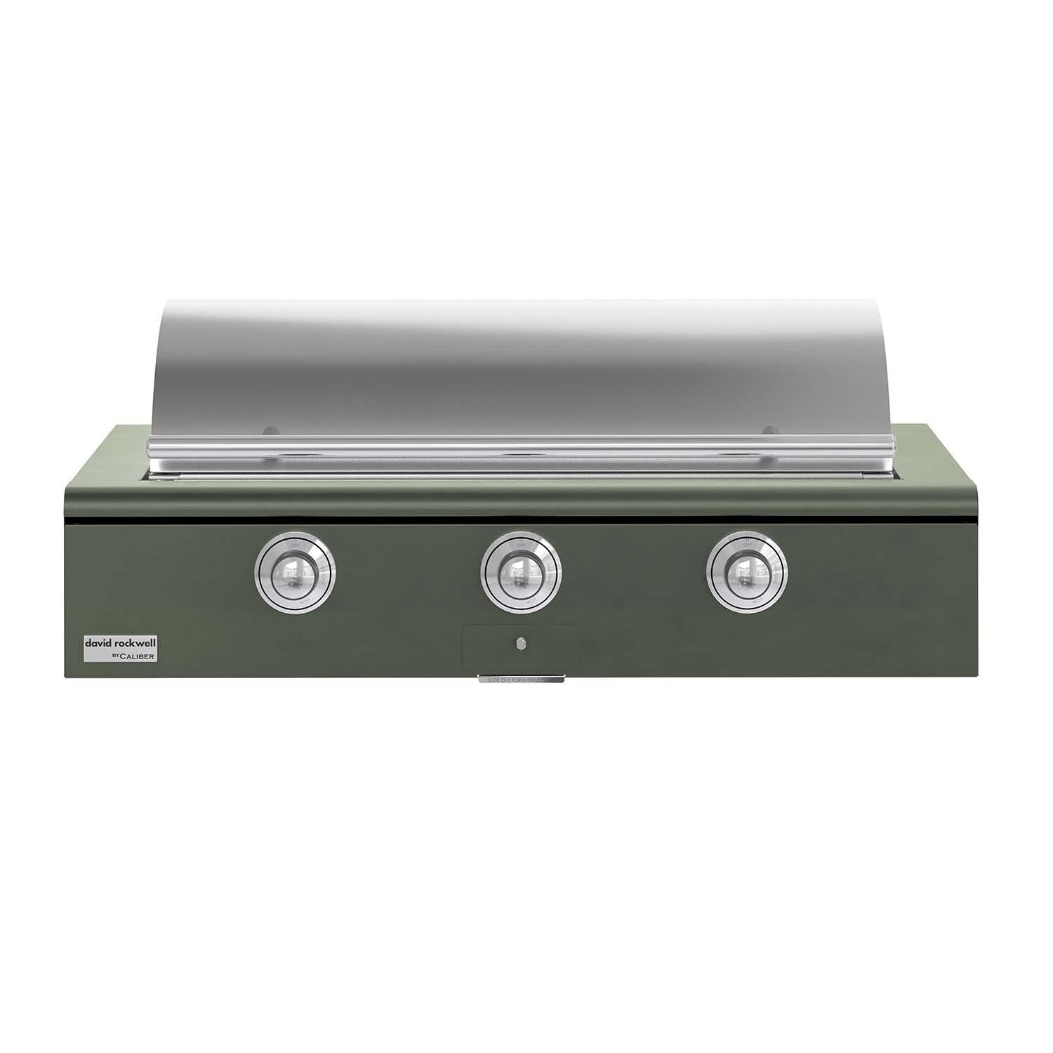 Caliber CRG-48BL00-A-238-H02 48-in Propane Built-In Rockwell Grill - Olive w/ Chrome Hardware - Lid Closed - White Background thumbnail