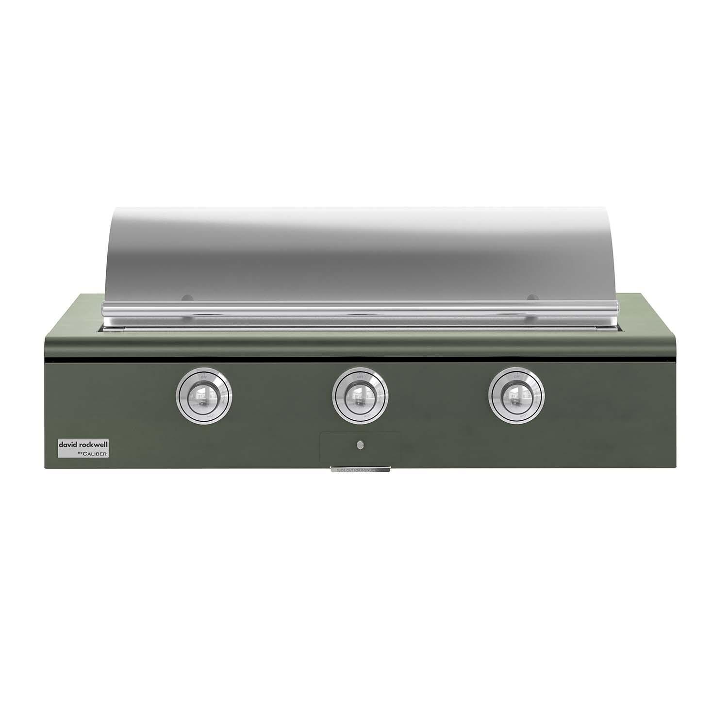 Caliber CRG-48BL00-A-238-H02 48-in Propane Built-In Rockwell Grill - Olive w/ Chrome Hardware - Lid Closed - White Background thumbnail