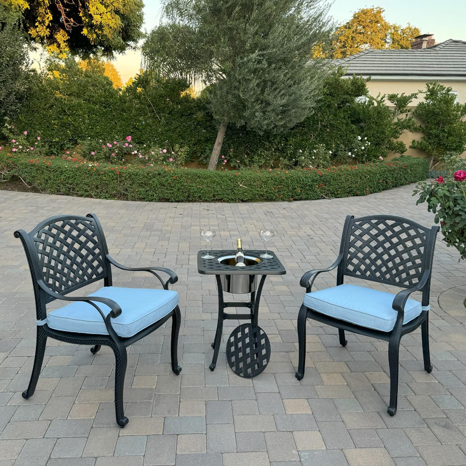 Nassau 3 Pc Cast Aluminum Conversation Set w/ Ice Bucket in Antique Bronze w/ Blue Cushions By Darlee