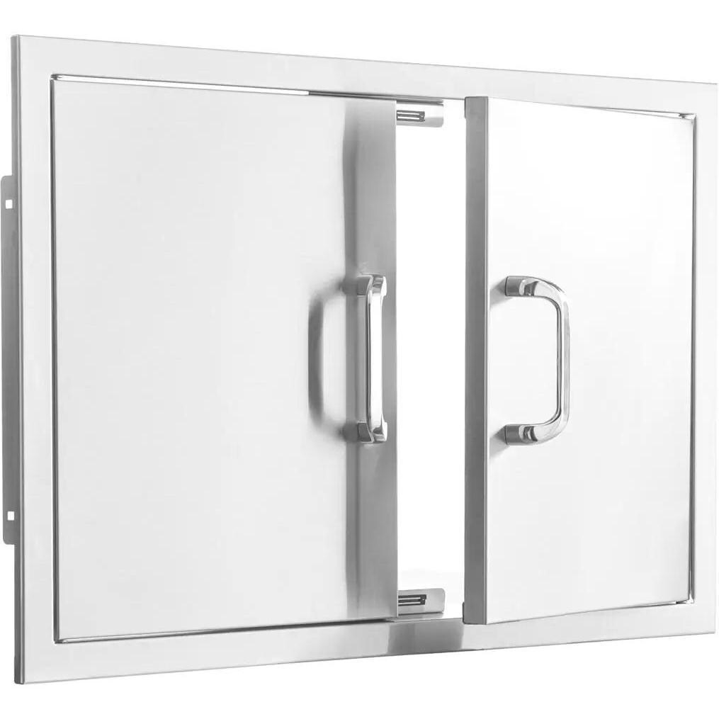 BBQGuys Signature 32-in Contempo/Traditional Stainless Steel Double Access Door - Door Open - White Background thumbnail