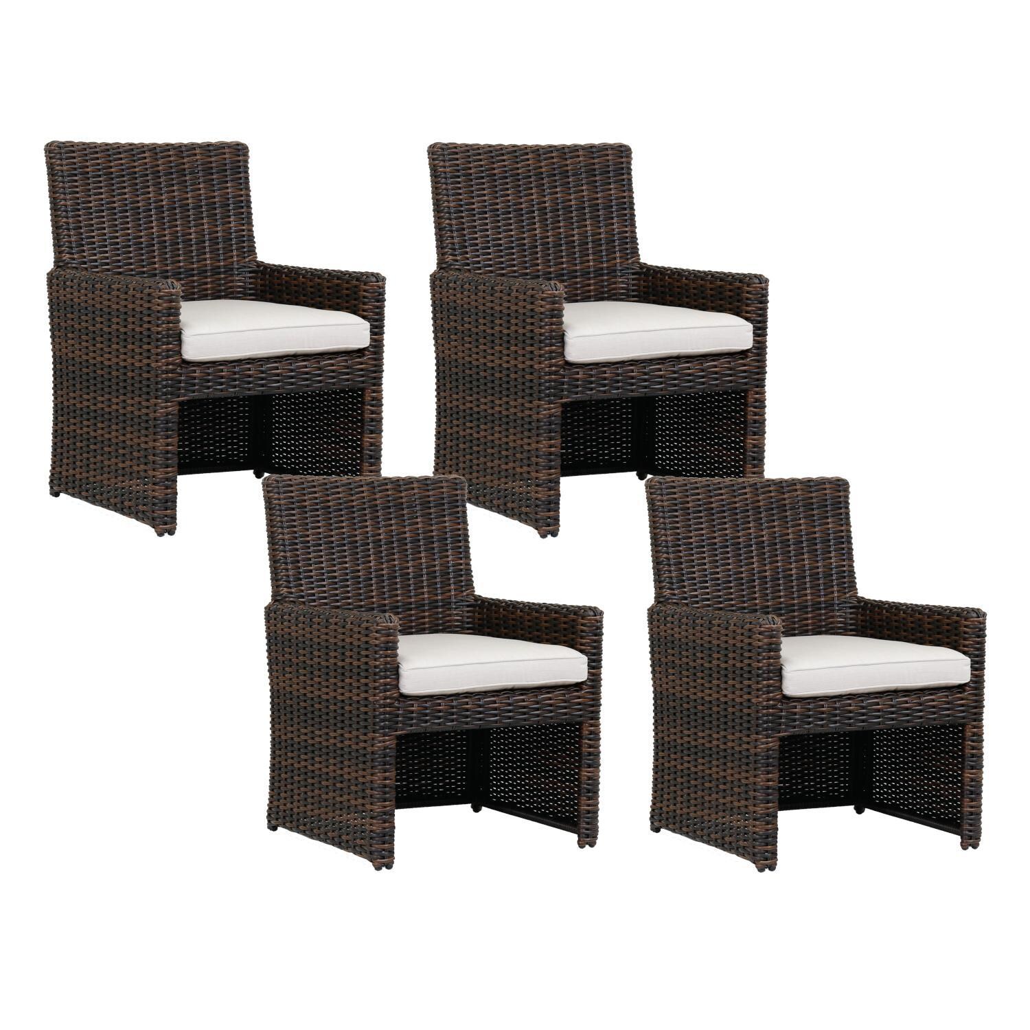 Montecito 4 Piece Wicker Patio Dining Arm Chair Set W/ Sunbrella Canvas Flax Cushions By Sunset West