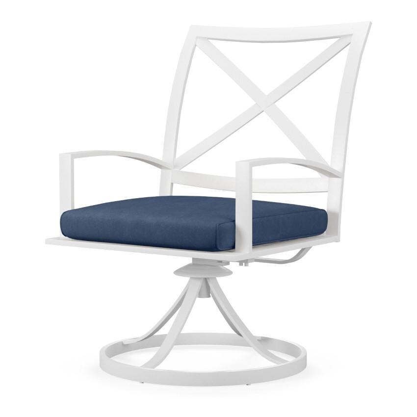 Bristol Aluminum Swivel Dining Arm Chair w/ Self Welt in White/Spectrum Indigo by Sunset West - White Background thumbnail