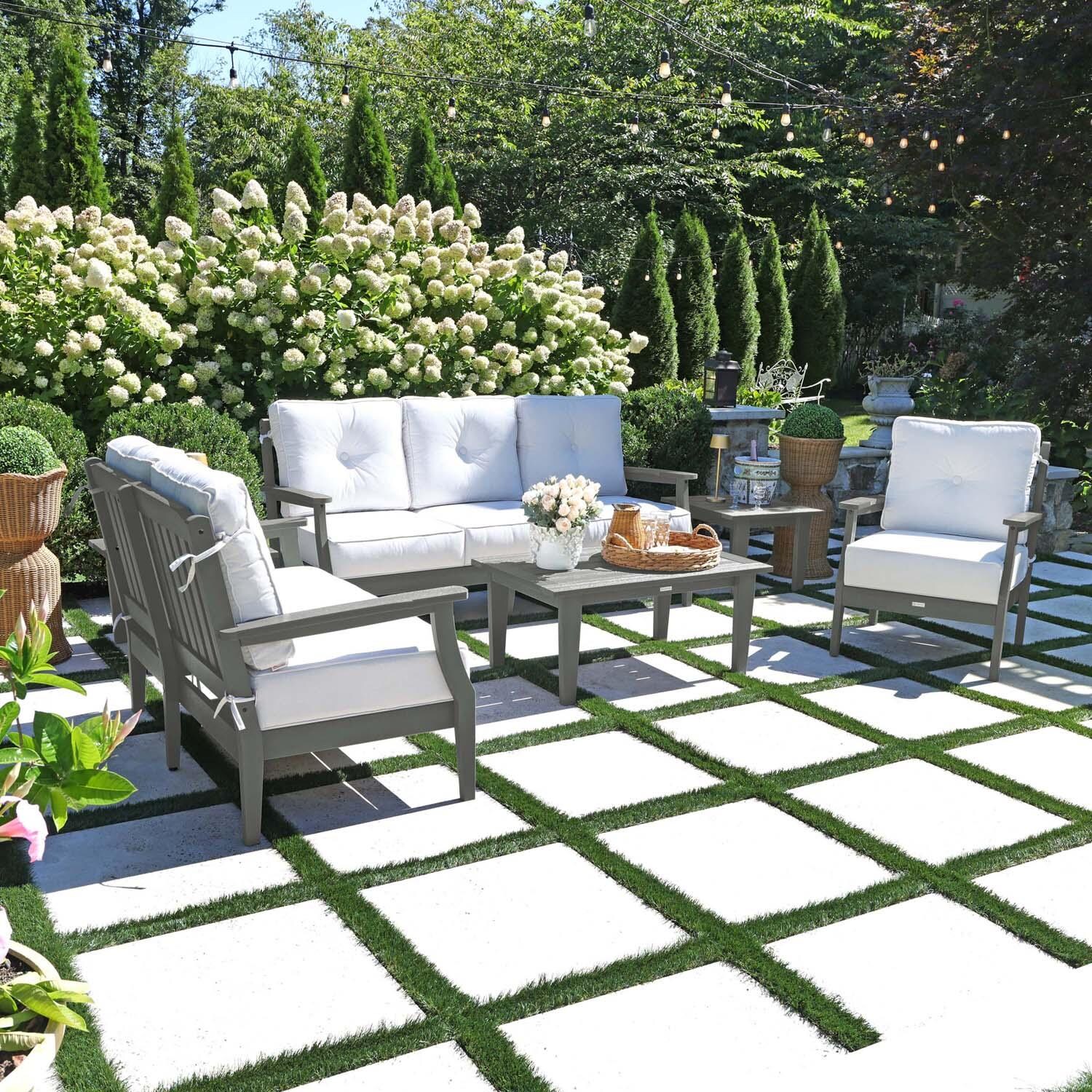 Blushing Bay 6 Pc Recycled Plastic Grand Seating Set in Bliss Linen/Coastal Teak by Lakeview Outdoor Designs - Left Angled - Lifestyle thumbnail