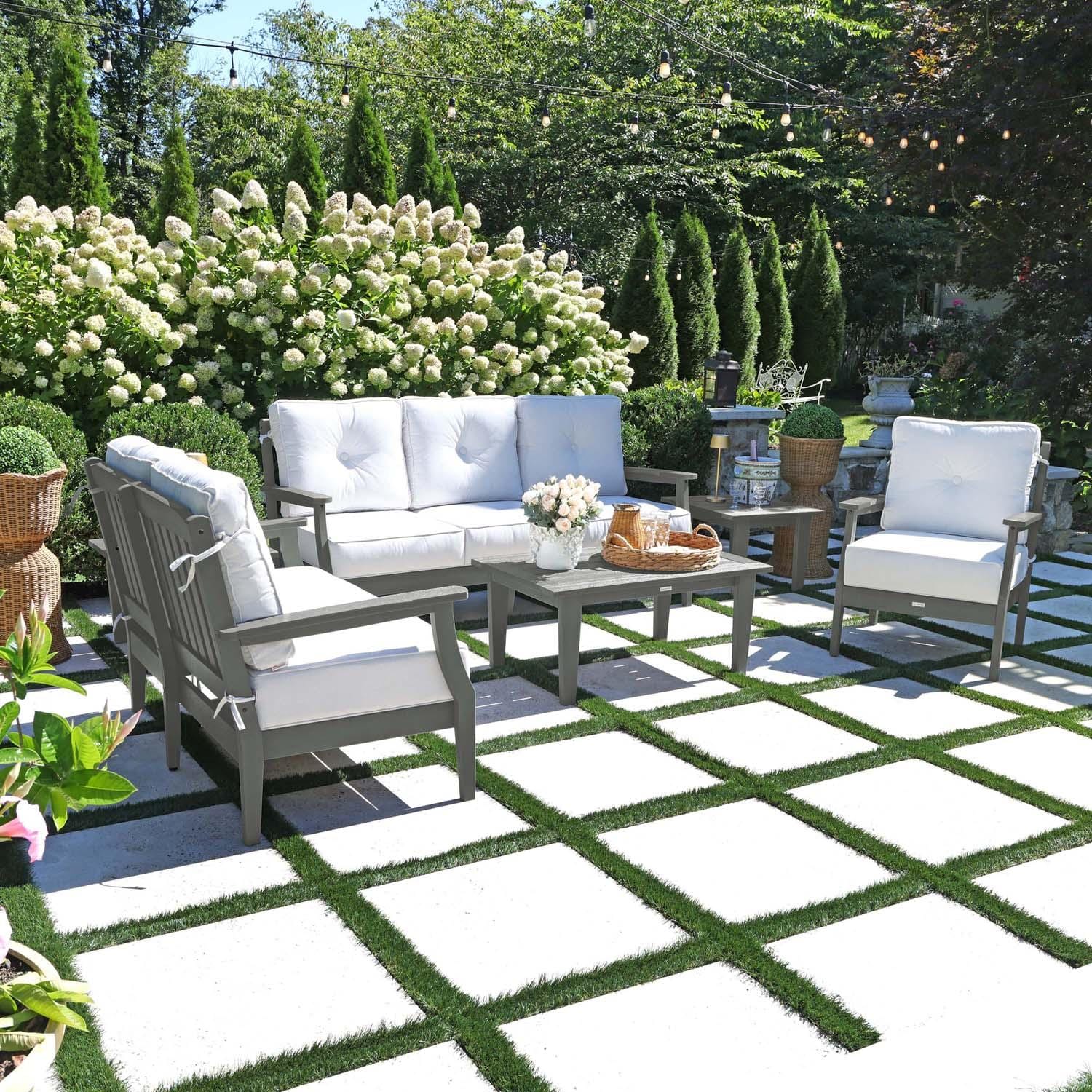 Blushing Bay 6 Pc Recycled Plastic Grand Seating Set in Bliss Linen/Coastal Teak by Lakeview Outdoor Designs - Left Angled - Lifestyle thumbnail