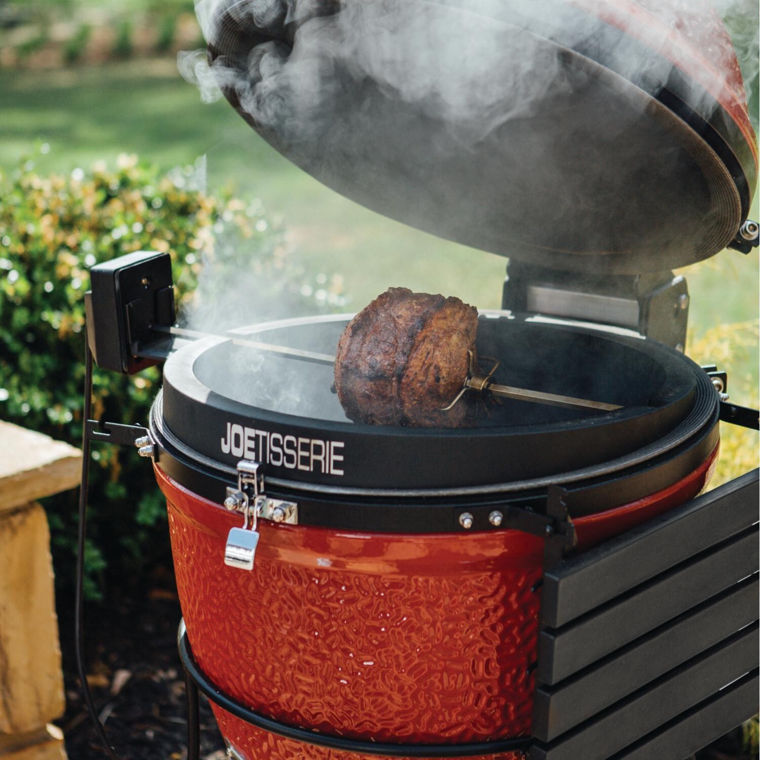 Kamado Joe CLASSIC3PKG Classic Joe III Bundle - KJ-TISSERIENA JoeTisserie Rotisserie System- In Use - Lifestyle thumbnail