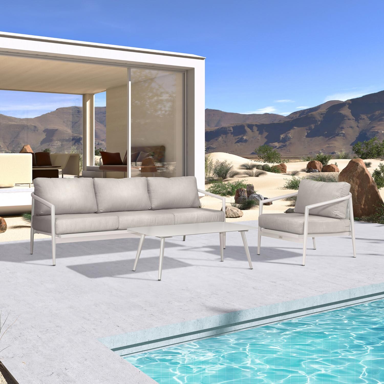 Lakeview Midnight Cove 3 Pc Aluminum Sofa Seating Set in Urban Stone/Carrera/Cast Silver - Angled - Lifestyle thumbnail