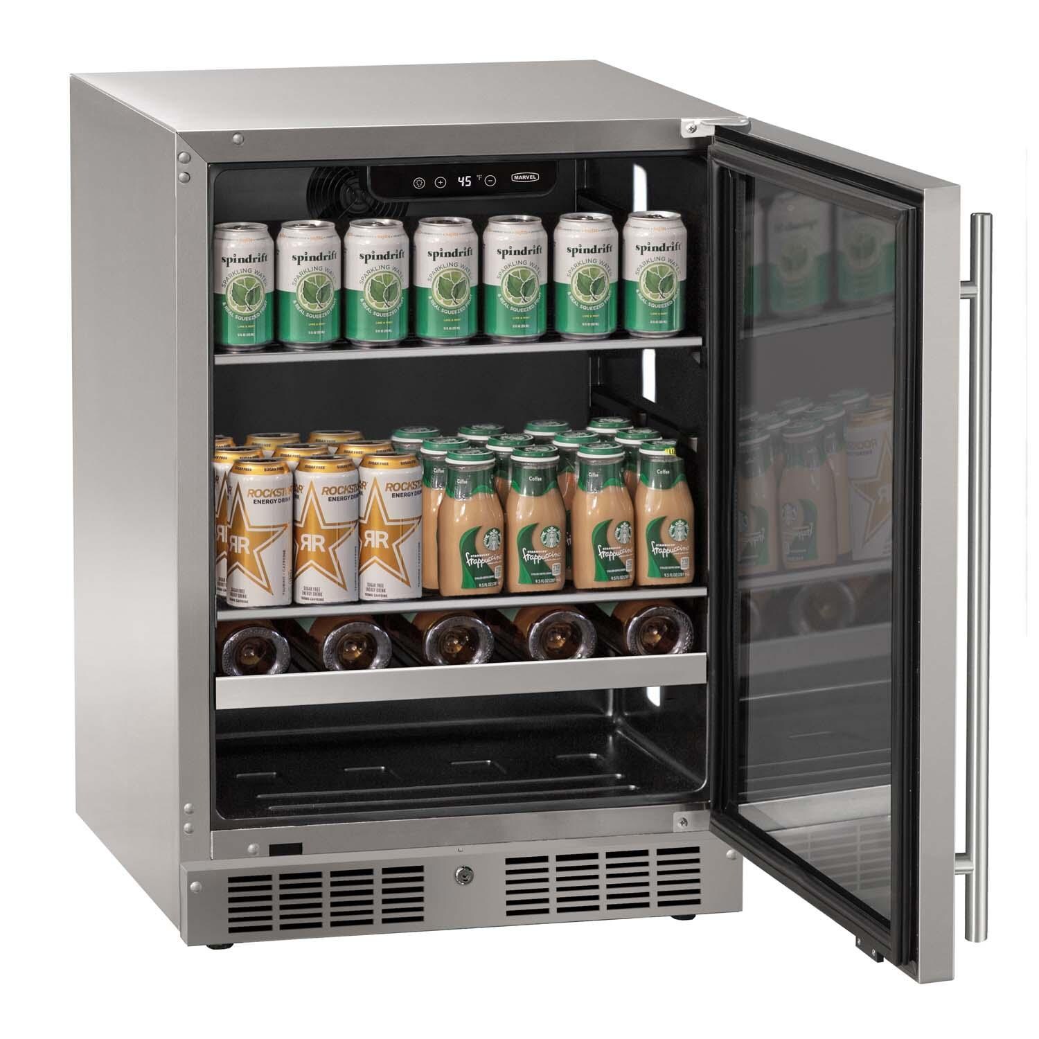 Marvel MRBV224-SG31A 24-in 5.1 Cu. Ft. Beverage Center - Door Open w/ Drinks - White Background thumbnail