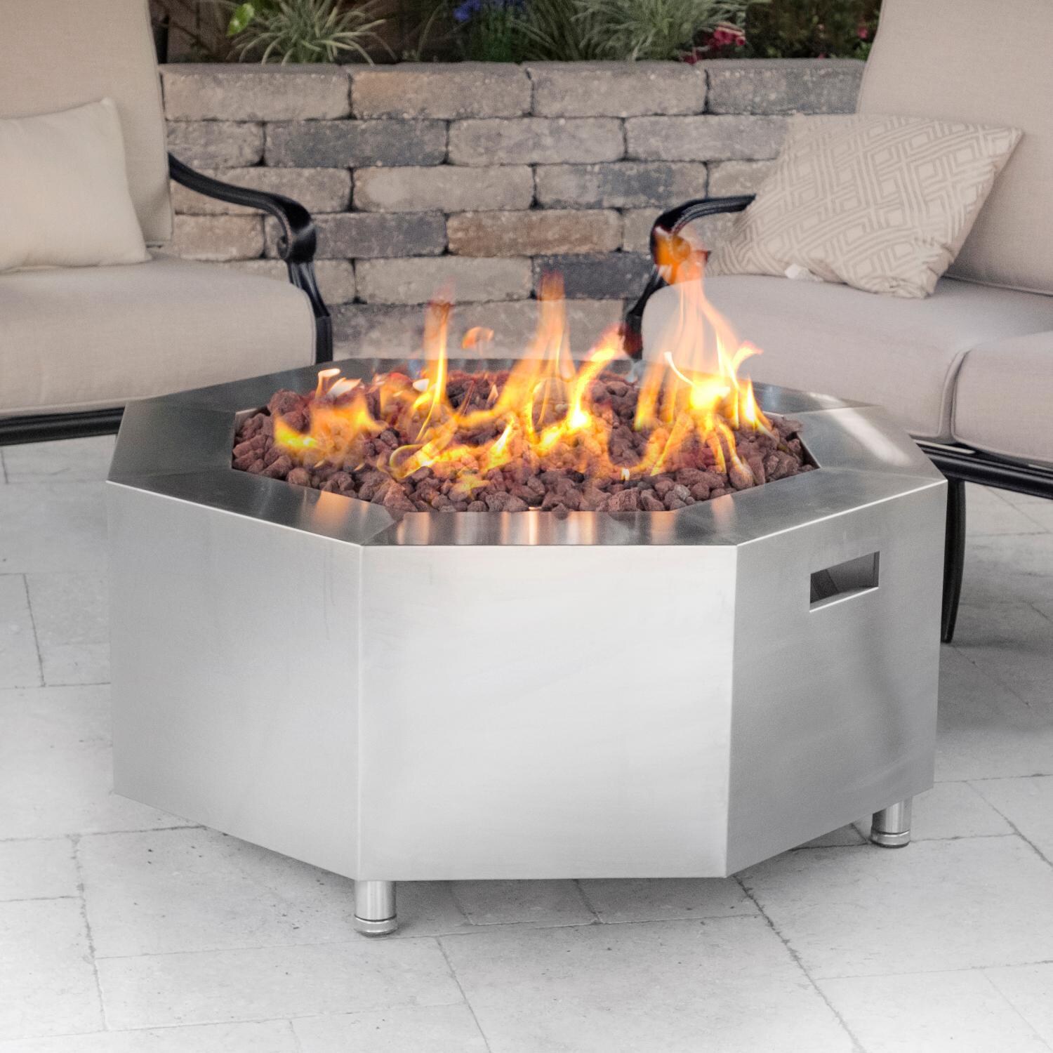 BBQGuys Signature Series 42-Inch Stainless Steel Octagonal Fire Pit - Natural Gas - Shown with Red Lava Rock thumbnail