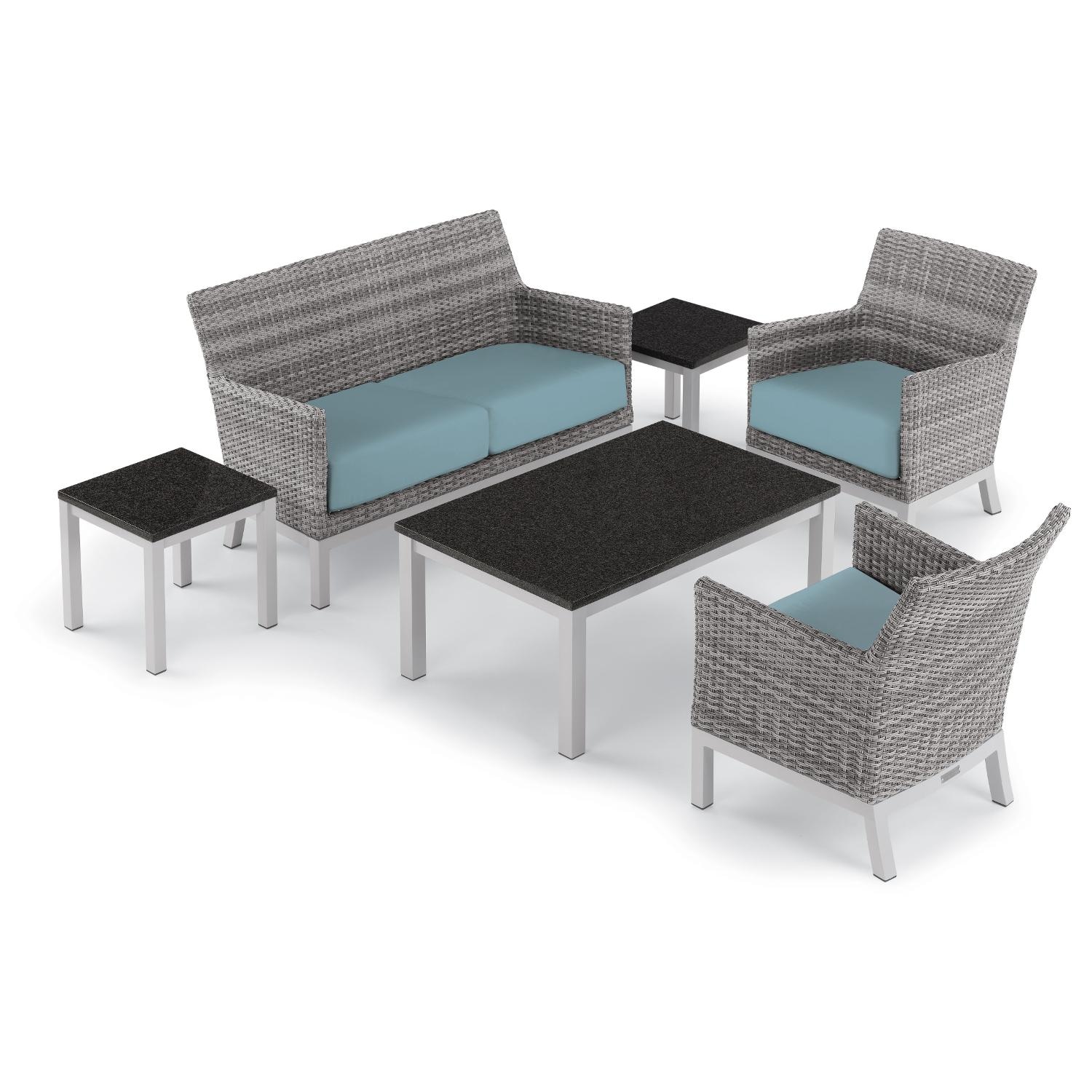 Argento 6 Piece Wicker Patio Conversation Set W Lite Core Charcoal Tables Ice Blue Cushions By Oxford Garden