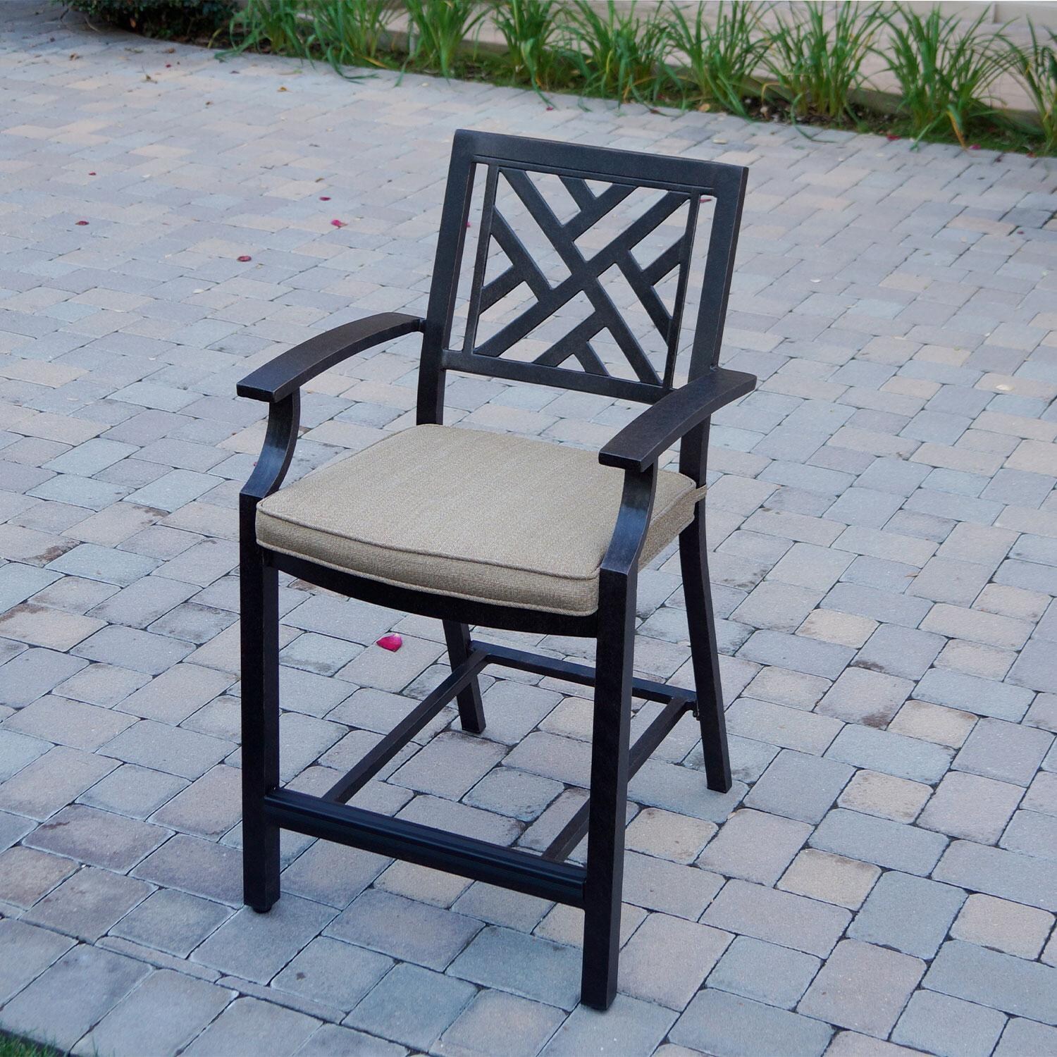 Brooklyn 5 Pc Patio Counter Height Bar Set W/ 58 X 28 Inch Rectangular Serving Table & Sesame Cushions By Darlee - Bar Chair - With Cushion in Sesame - Lifestyle thumbnail