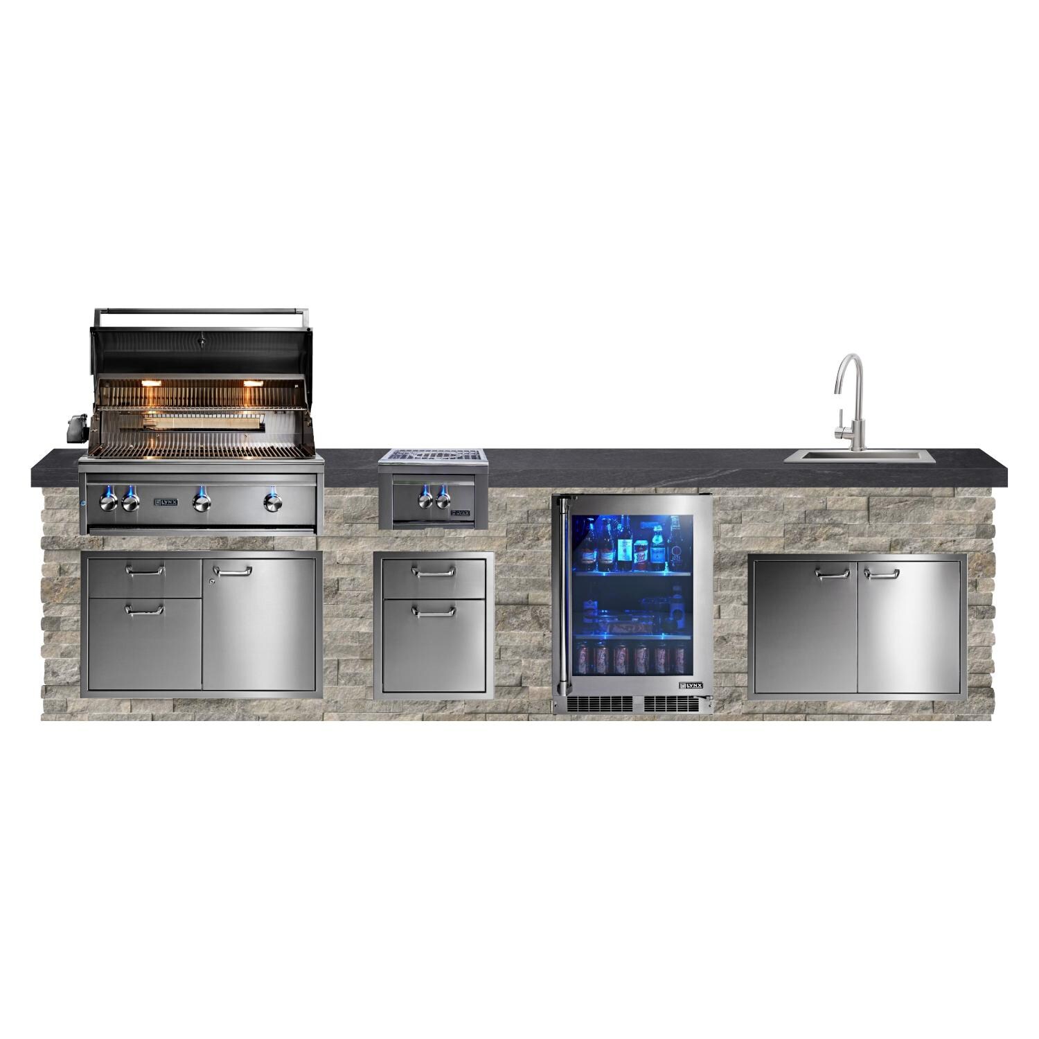 BBQGuys Signature 12ft Luxury Outdoor Kitchen w/ Lynx Professional 36-Inch Propane Grill, 21-Inch Sink & Refrigerator - Silver Travertine Stone w/ Black Polished Granite - White Background thumbnail