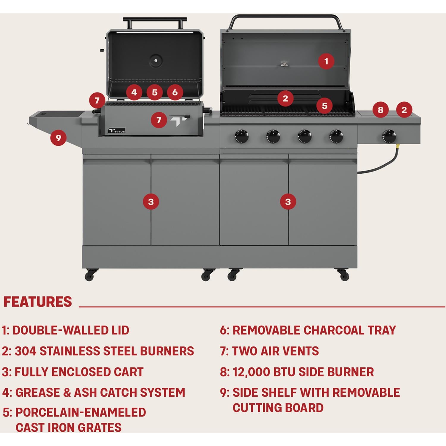 TYTUS TDT-BUN-014 Modular Duo w/ 4-Burner Gas Grill & Charcoal Grill - Overall Features - Detail thumbnail